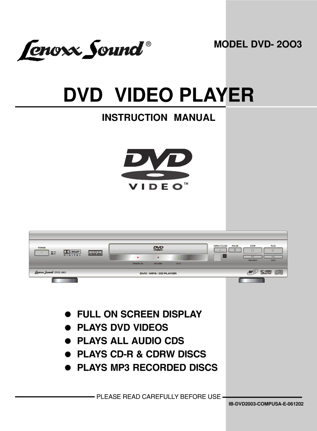 Dolby Laboratories DVD- 2OO3 instruction manual DVD Video Player 