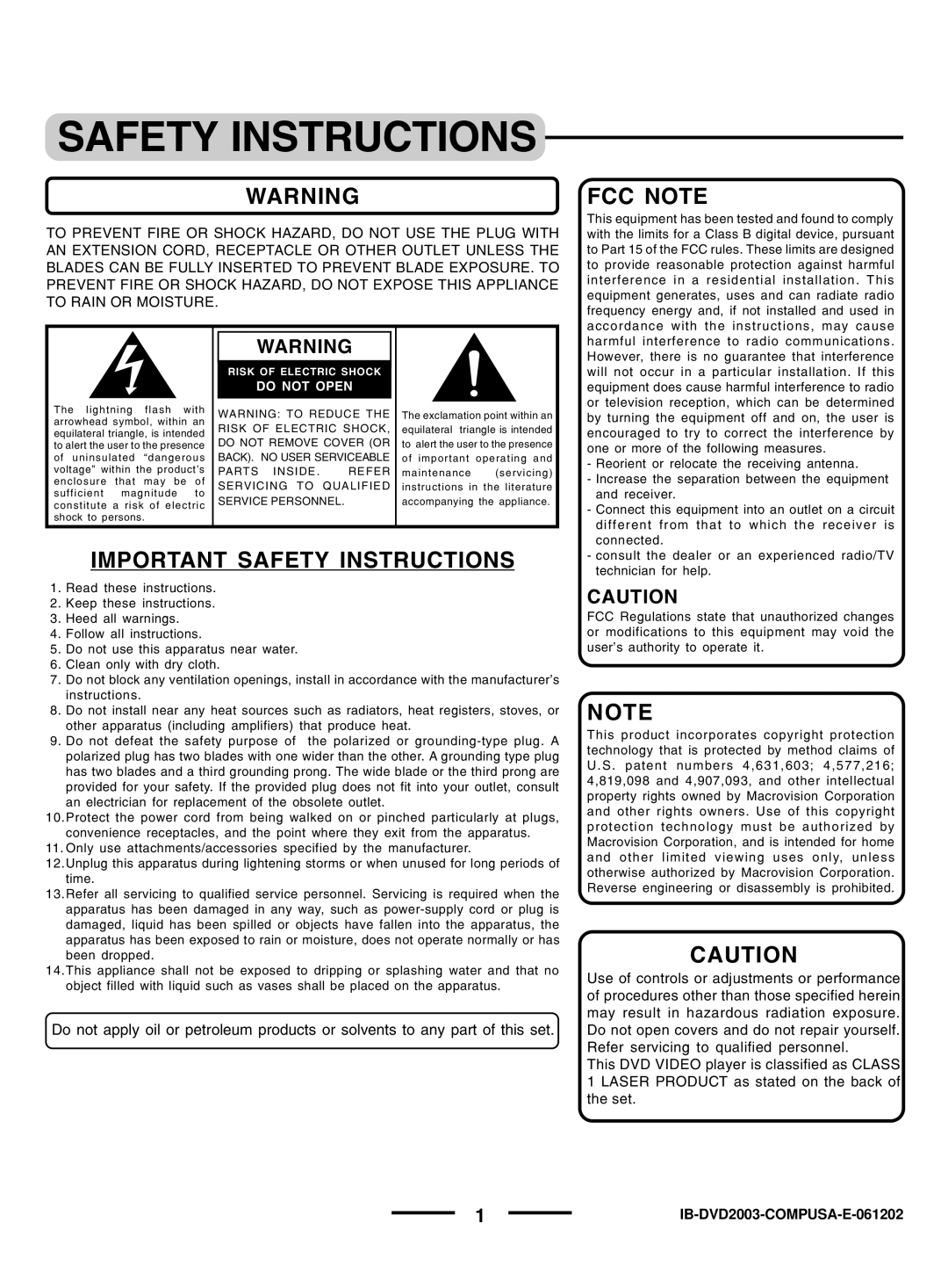 Dolby Laboratories DVD- 2OO3 instruction manual Safety Instructions, FCC Note 