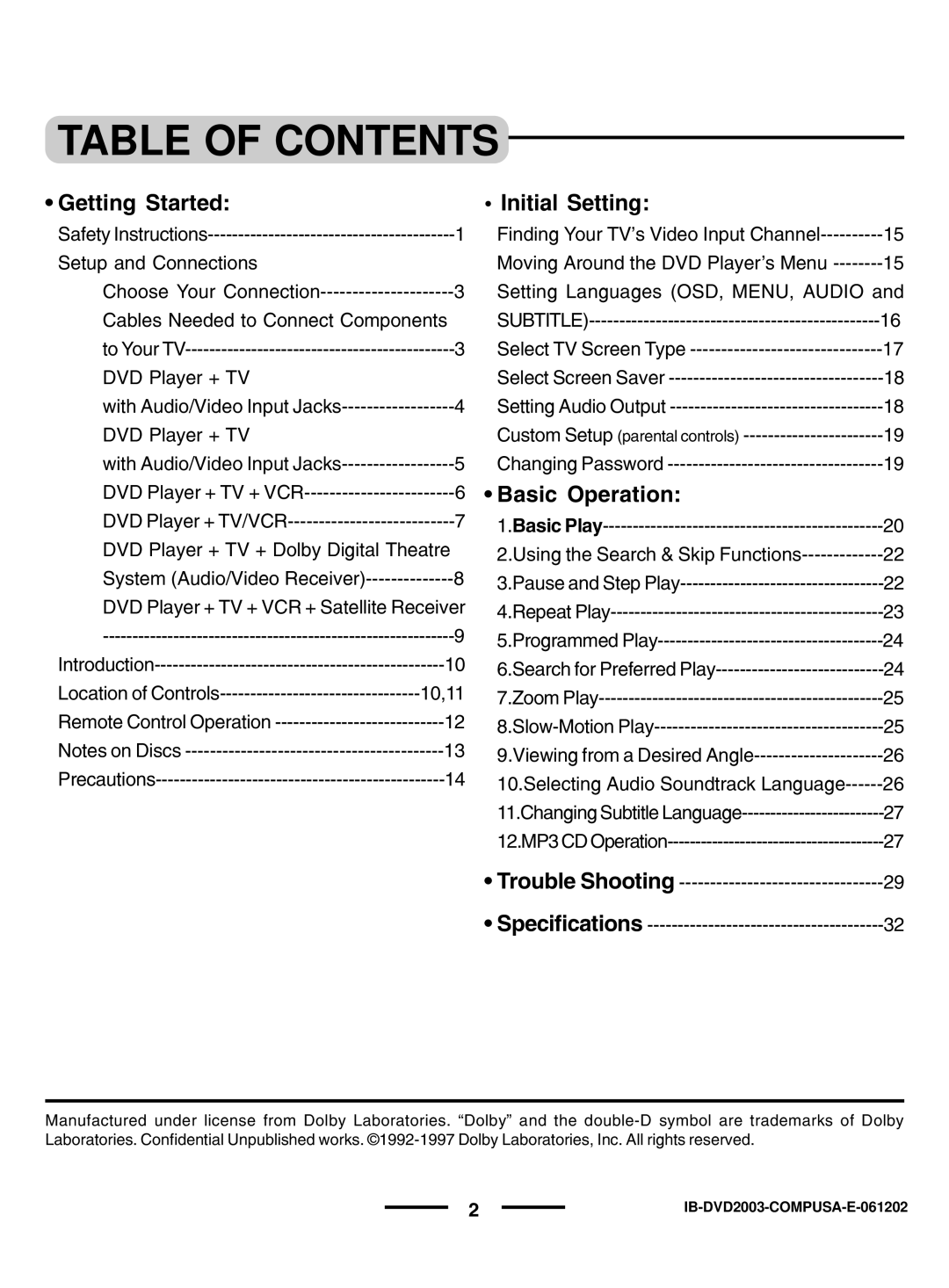 Dolby Laboratories DVD- 2OO3 instruction manual Table of Contents 