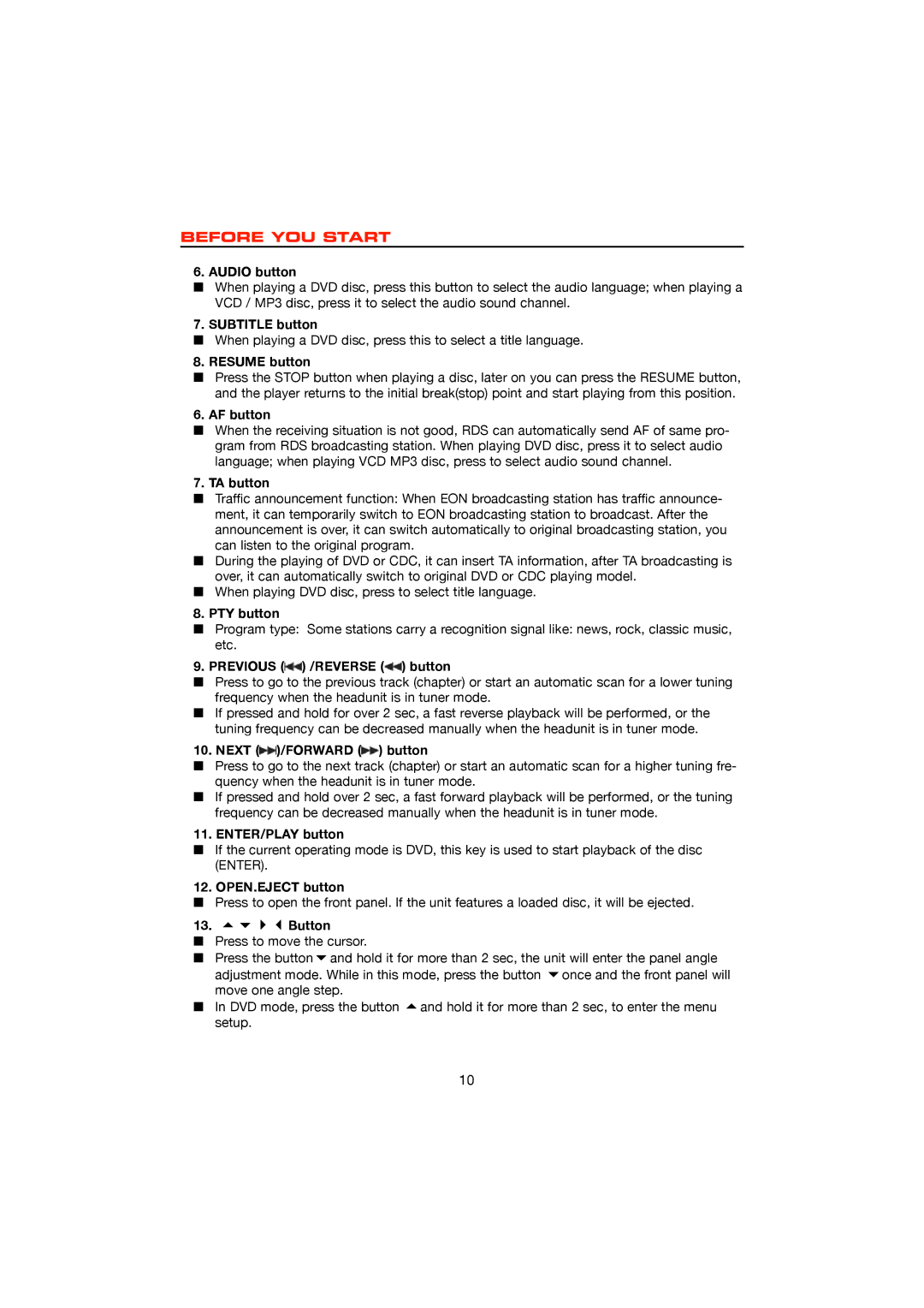 Dolby Laboratories DVD & MP3 Audio button, Subtitle button, Resume button, AF button, TA button, PTY button, Button 