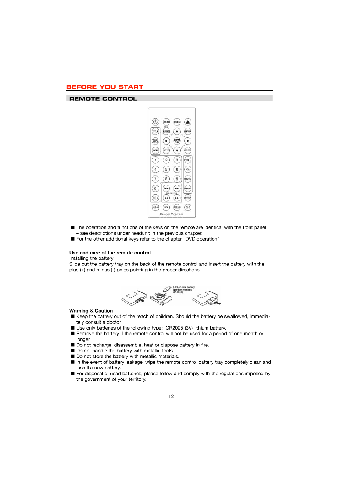 Dolby Laboratories DVD & MP3, ZE-200DVD operation manual Remote Control, Use and care of the remote control 