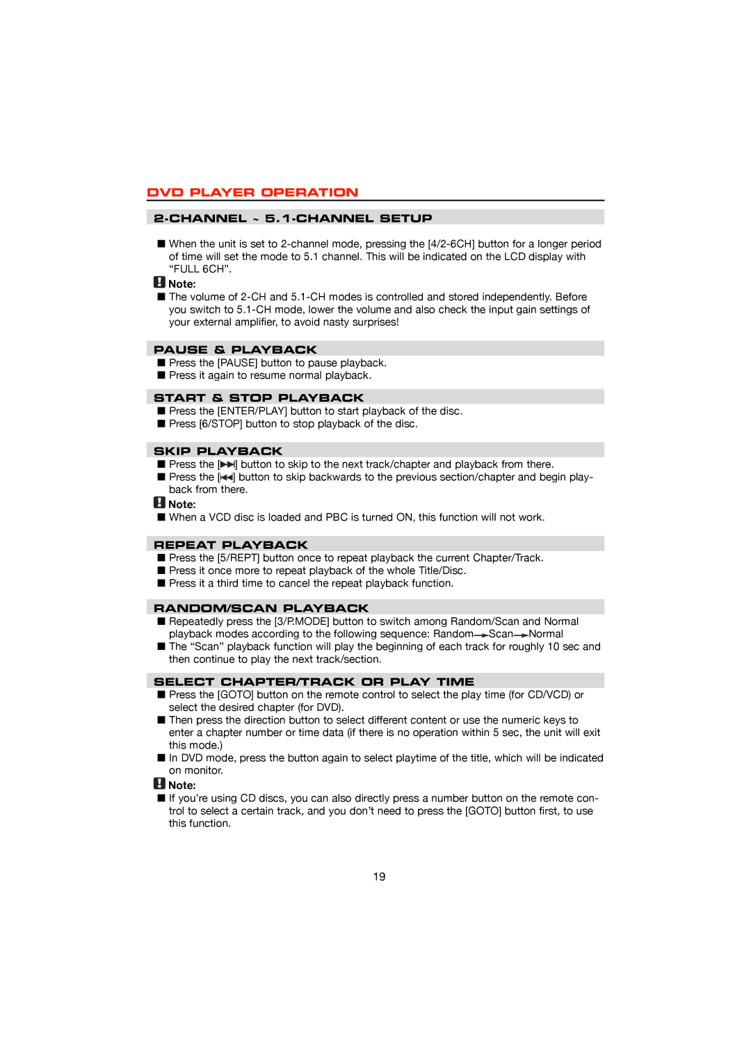 Dolby Laboratories ZE-200DVD Channel ~ 5.1-CHANNEL Setup, Pause & Playback, Start & Stop Playback, Skip Playback 