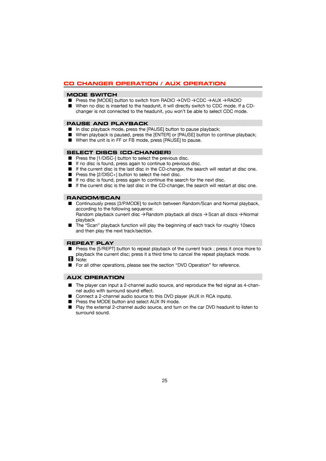 Dolby Laboratories ZE-200DVD, DVD & MP3 operation manual CD Changer Operation / AUX Operation 