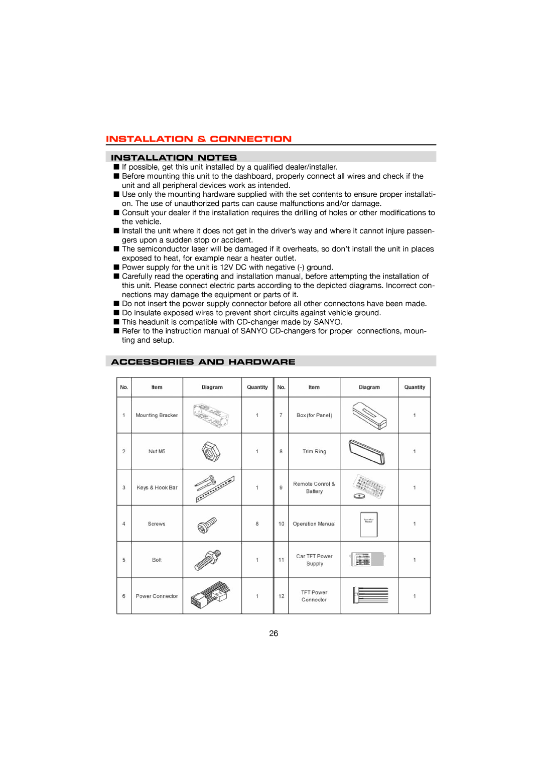 Dolby Laboratories DVD & MP3, ZE-200DVD Installation & Connection, Installation Notes, Accessories and Hardware 