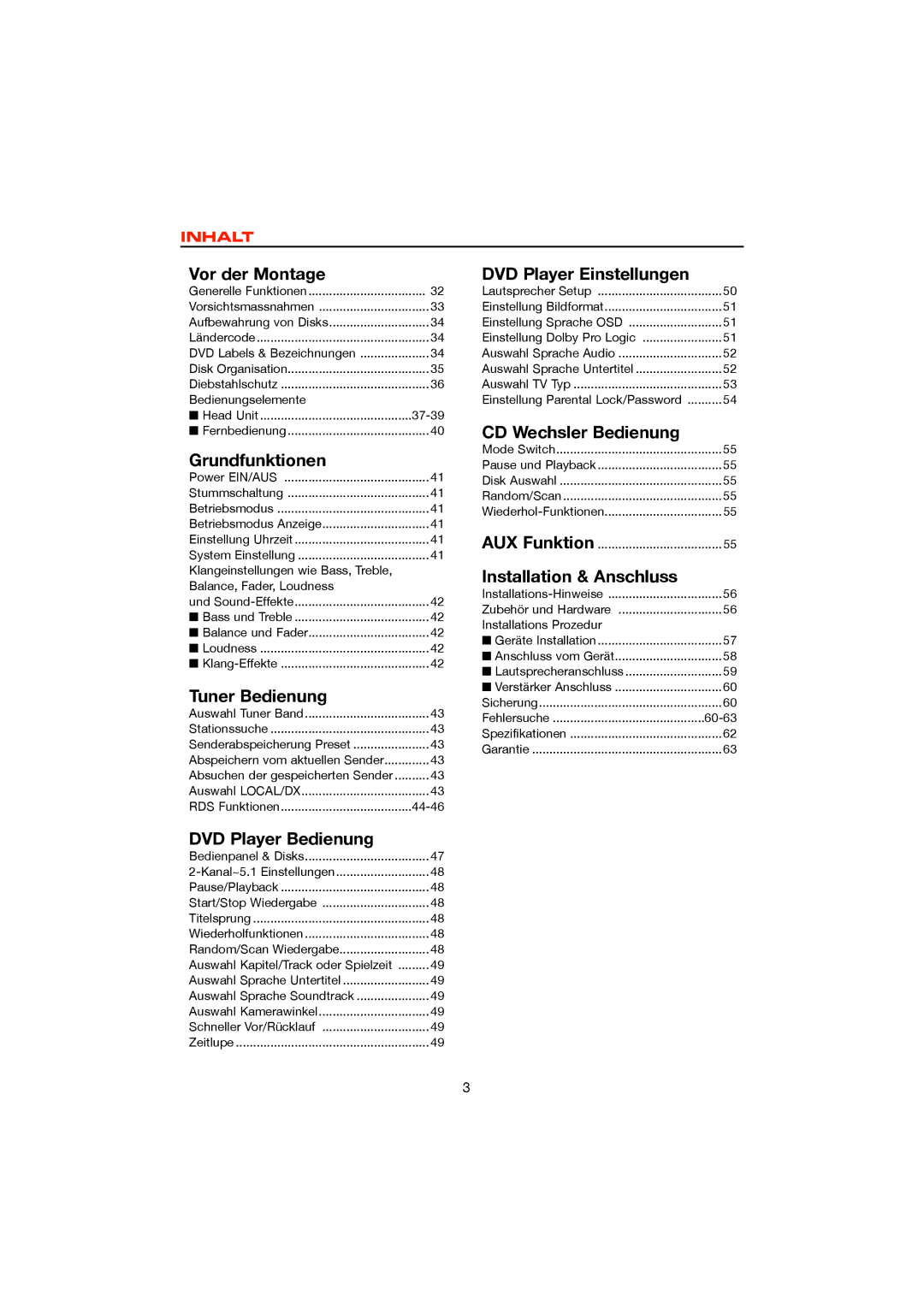 Dolby Laboratories ZE-200DVD, DVD & MP3 operation manual Vor der Montage, Inhalt 