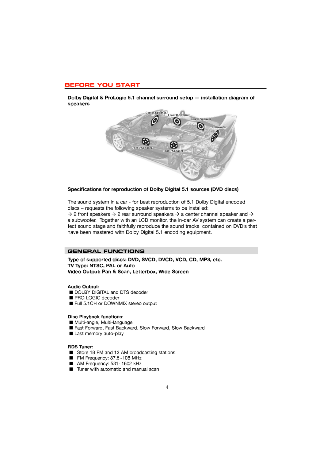 Dolby Laboratories DVD & MP3 Before YOU Start, General Functions, Audio Output, Disc Playback functions, RDS Tuner 