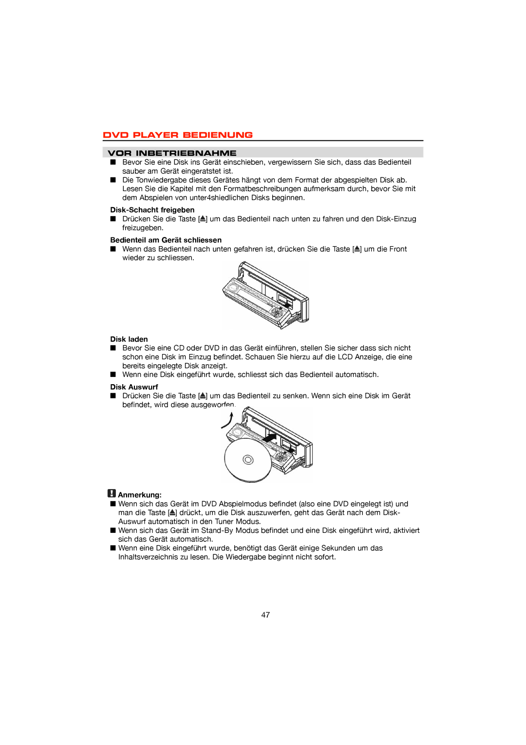 Dolby Laboratories ZE-200DVD, DVD & MP3 operation manual DVD Player Bedienung, VOR Inbetriebnahme 