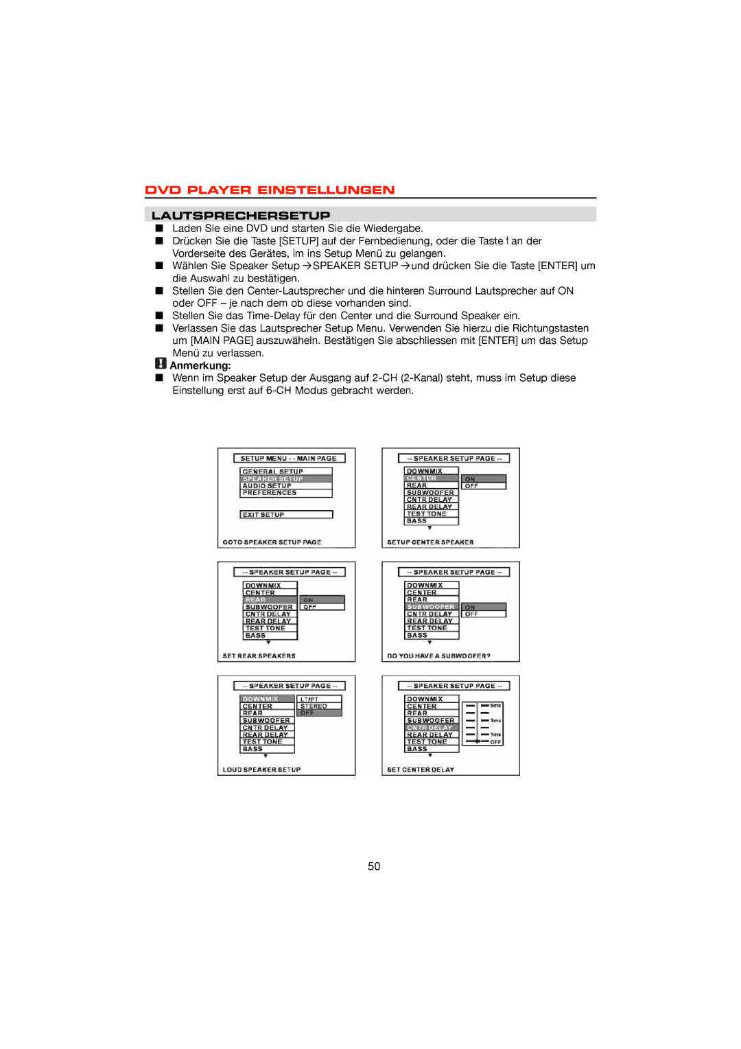 Dolby Laboratories DVD & MP3, ZE-200DVD operation manual DVD Player Einstellungen, Lautsprechersetup 