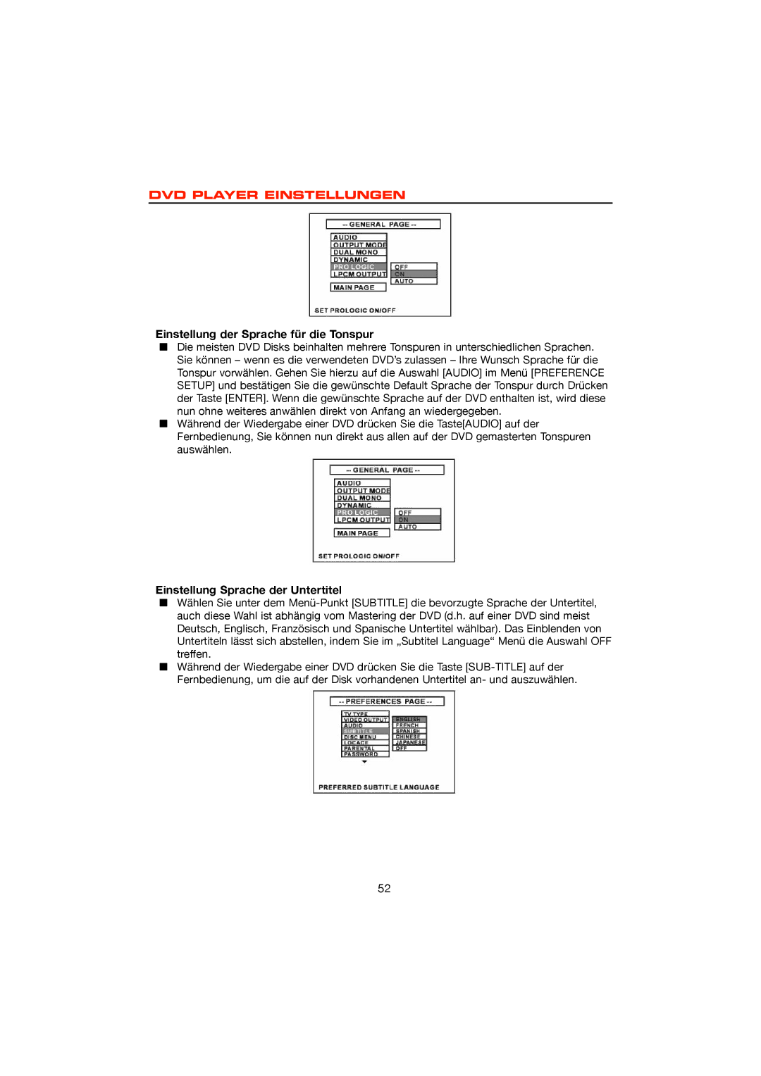 Dolby Laboratories DVD & MP3, ZE-200DVD Einstellung der Sprache für die Tonspur, Einstellung Sprache der Untertitel 