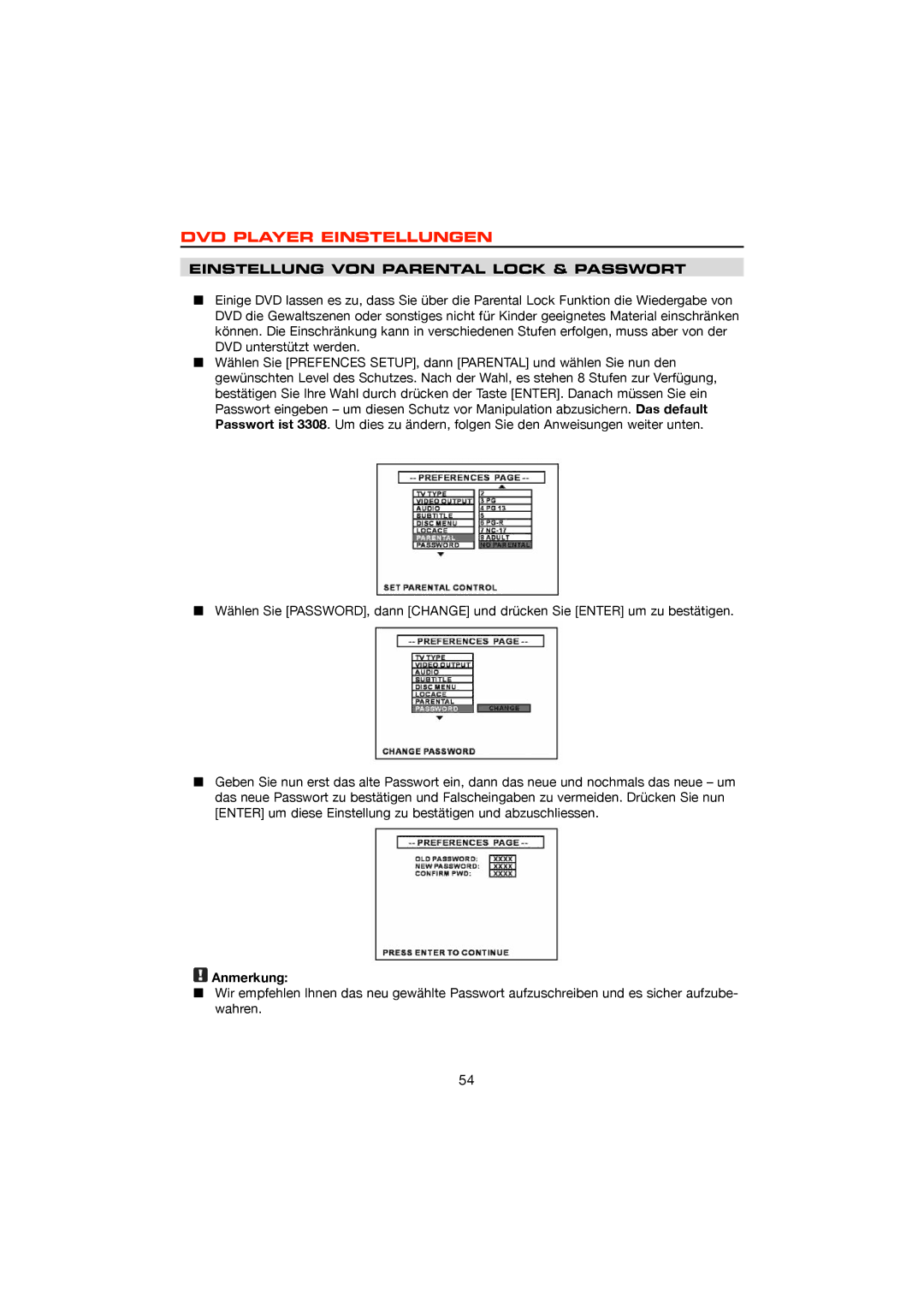 Dolby Laboratories DVD & MP3, ZE-200DVD operation manual Einstellung VON Parental Lock & Passwort 