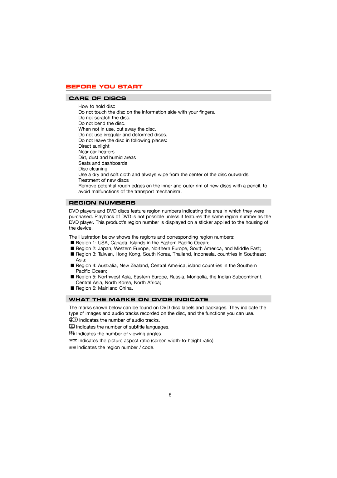 Dolby Laboratories DVD & MP3, ZE-200DVD operation manual Care of Discs, Region Numbers, What the Marks on Dvds Indicate 