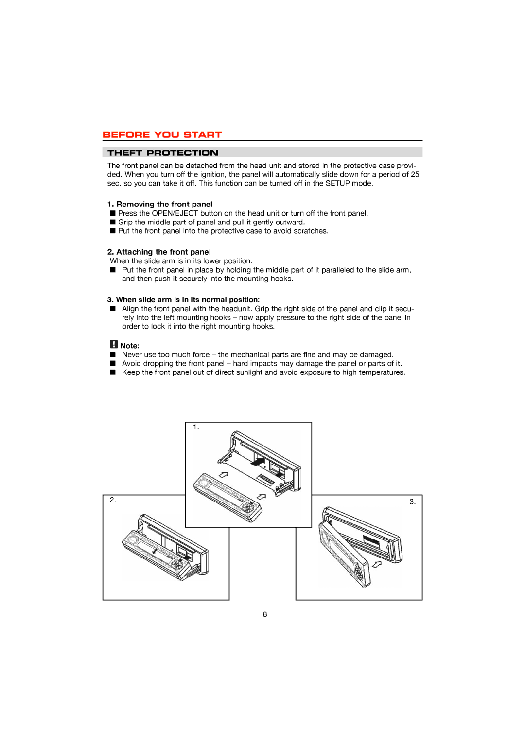 Dolby Laboratories DVD & MP3, ZE-200DVD Removing the front panel, Attaching the front panel, Theft Protection 