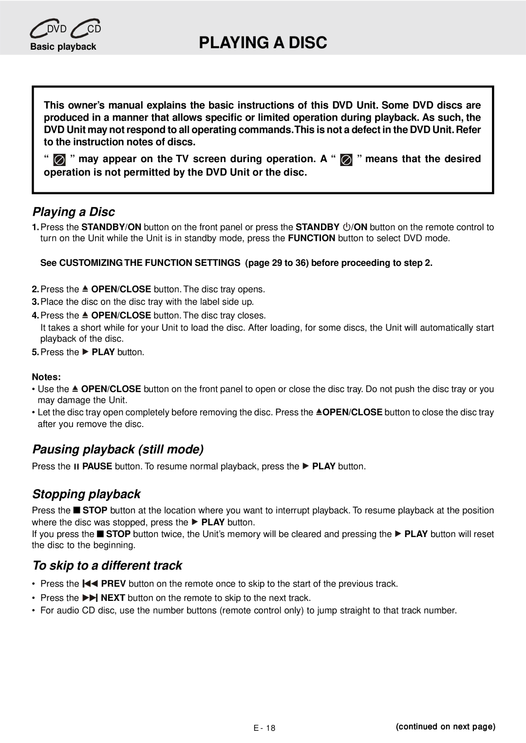 Dolby Laboratories DVD Micro Theater System owner manual Playing a Disc, Pausing playback still mode, Stopping playback 