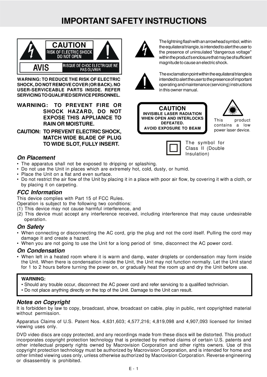 Dolby Laboratories DVD Micro Theater System Important Safety Instructions, On Placement, FCC Information, On Safety 