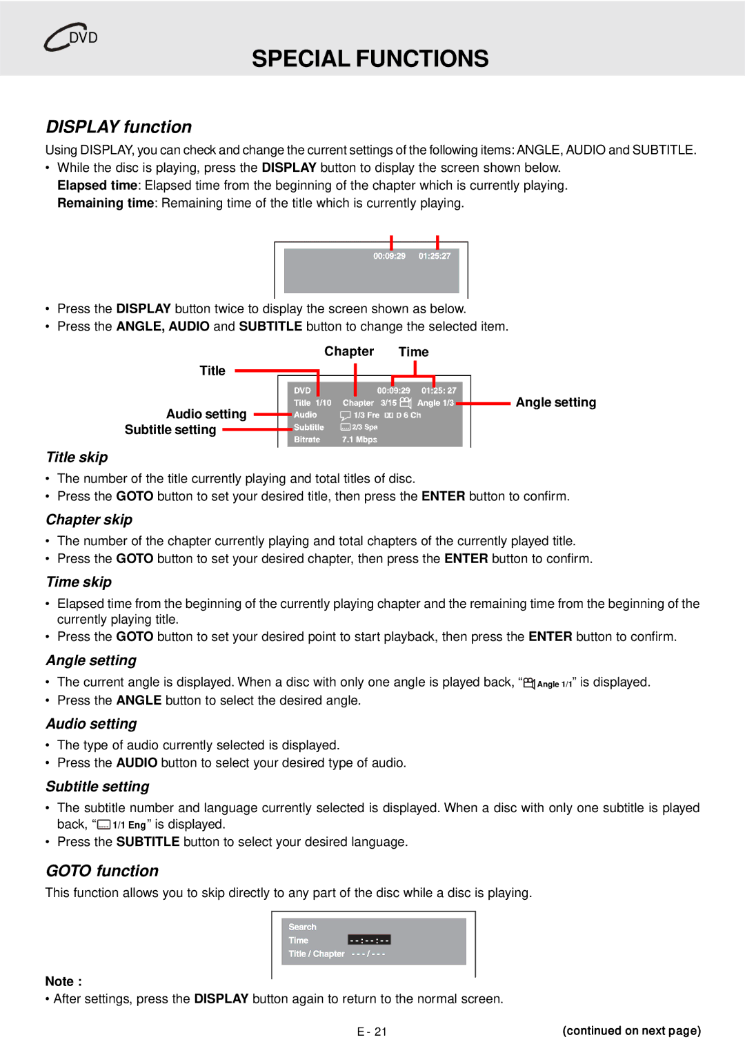 Dolby Laboratories DVD Micro Theater System owner manual Special Functions, Display function, Goto function 