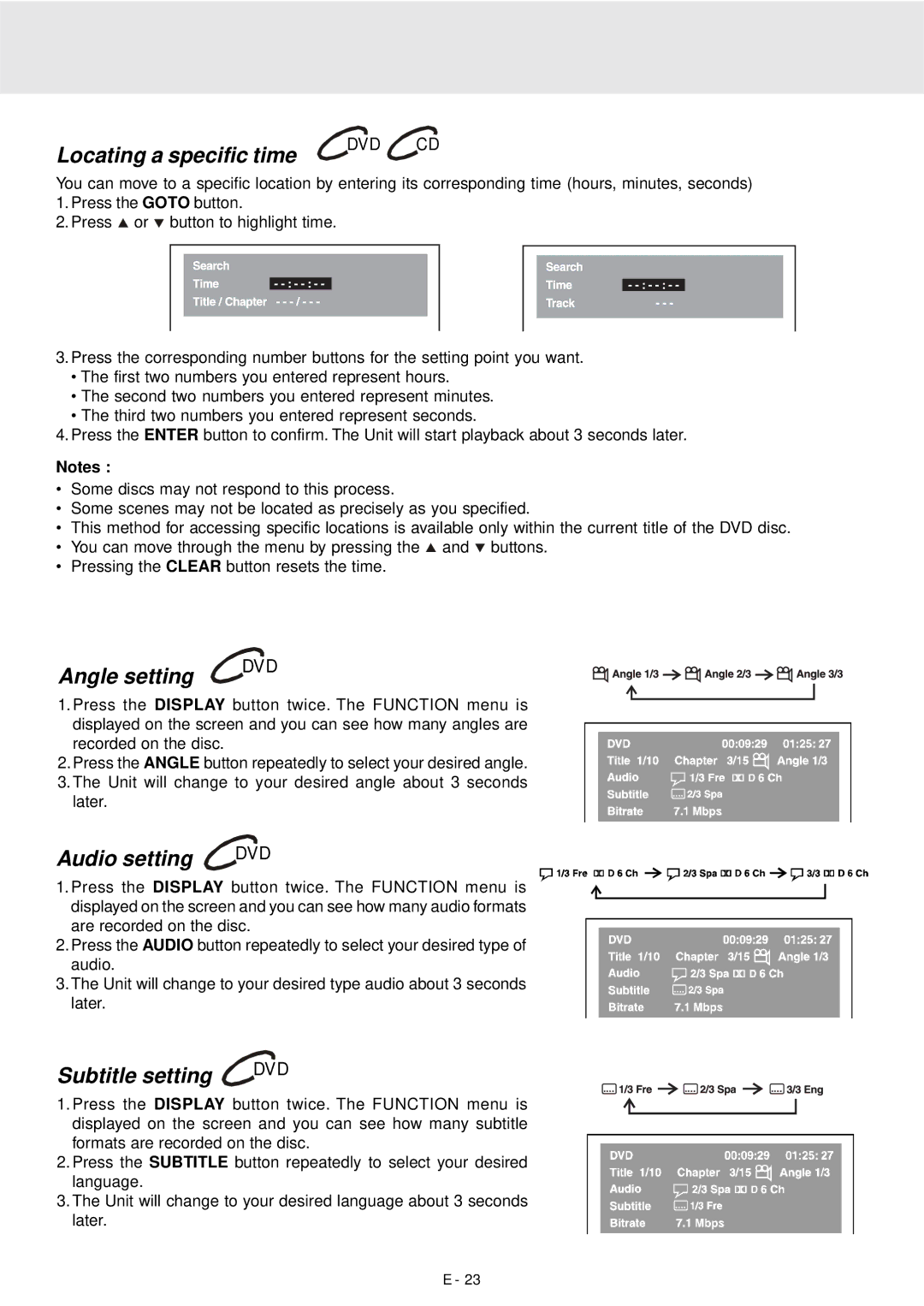 Dolby Laboratories DVD Micro Theater System Locating a specific time, Angle setting, Audio setting, Subtitle setting 