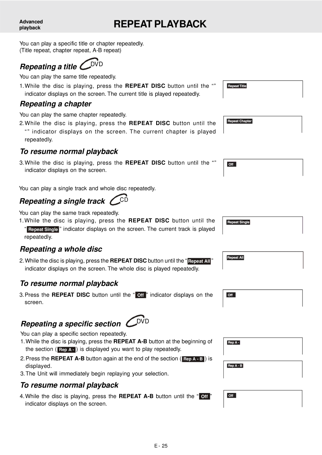 Dolby Laboratories DVD Micro Theater System owner manual Repeat Playback 