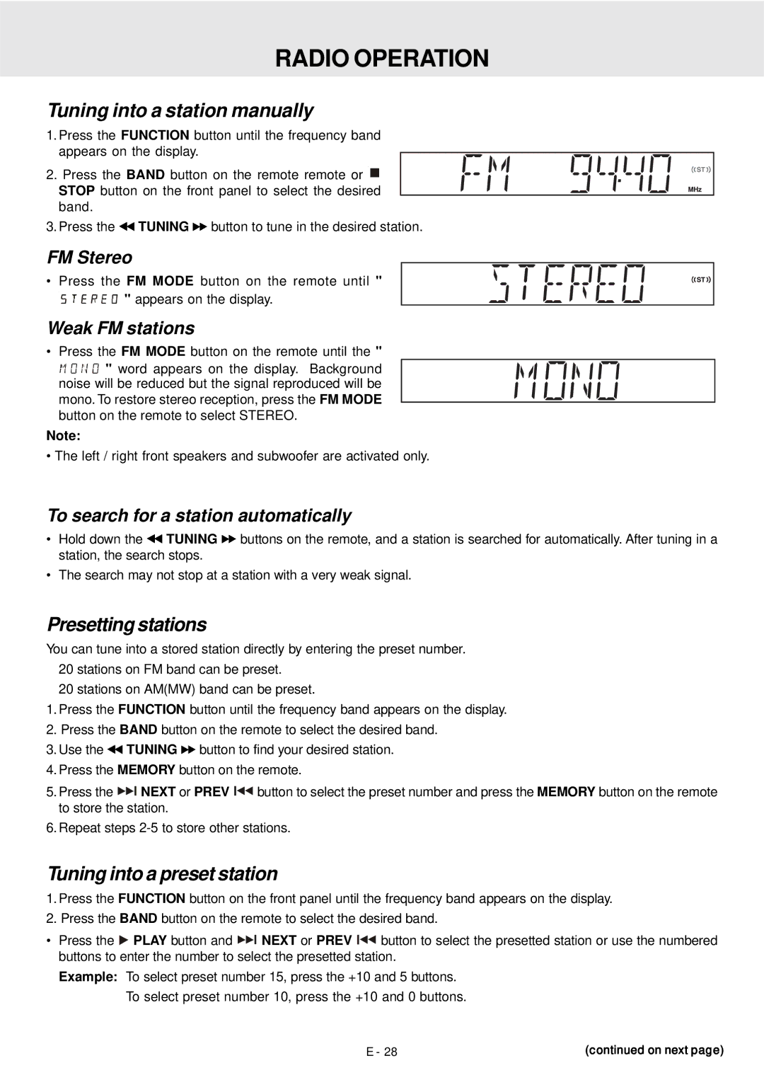 Dolby Laboratories DVD Micro Theater System Radio Operation, Tuning into a station manually, Presetting stations 