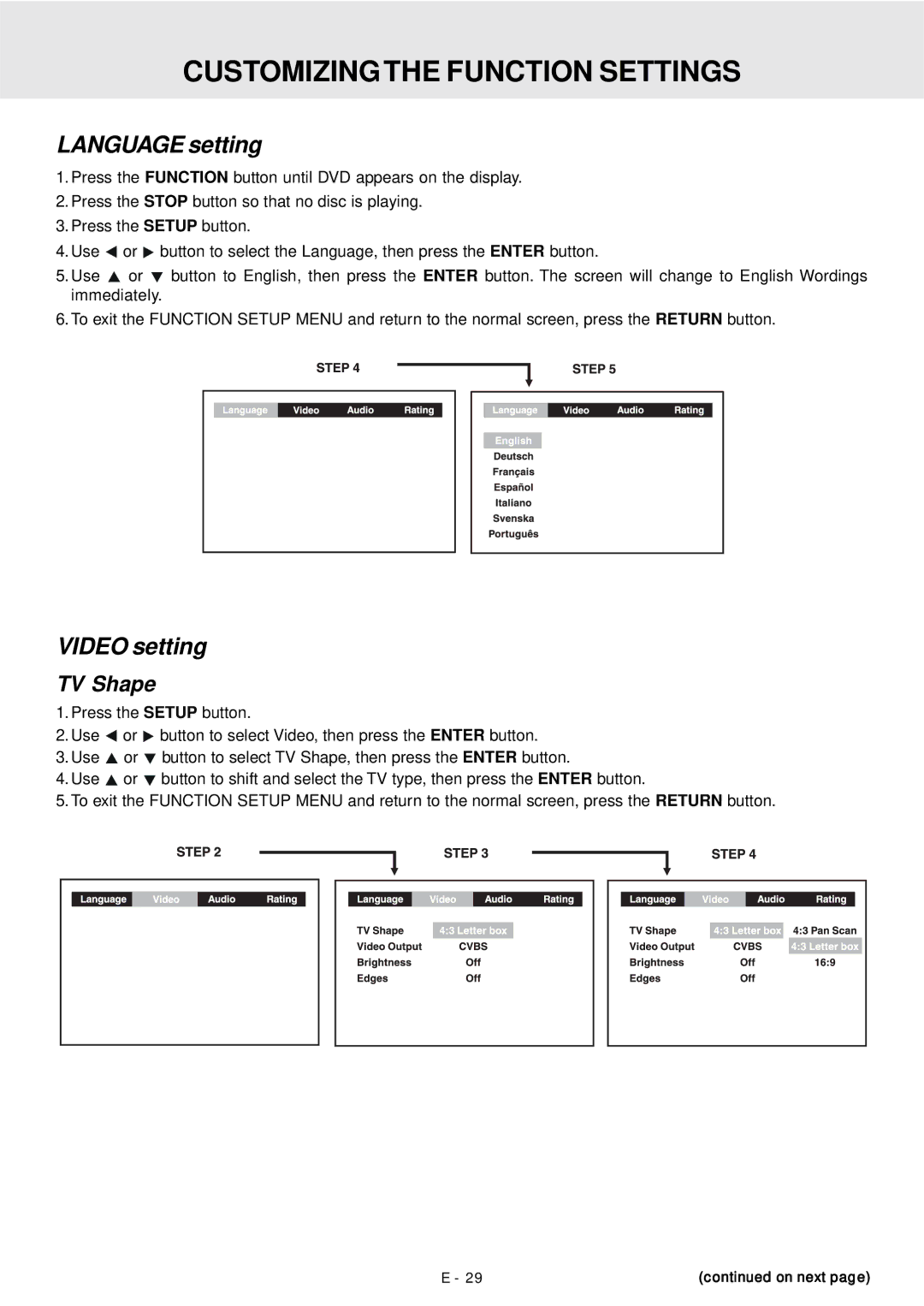 Dolby Laboratories DVD Micro Theater System Customizing the Function Settings, Language setting, Video setting, TV Shape 