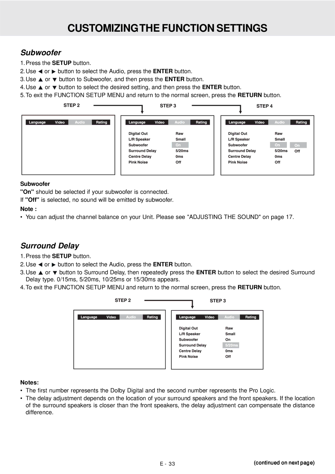 Dolby Laboratories DVD Micro Theater System owner manual Subwoofer, Surround Delay 