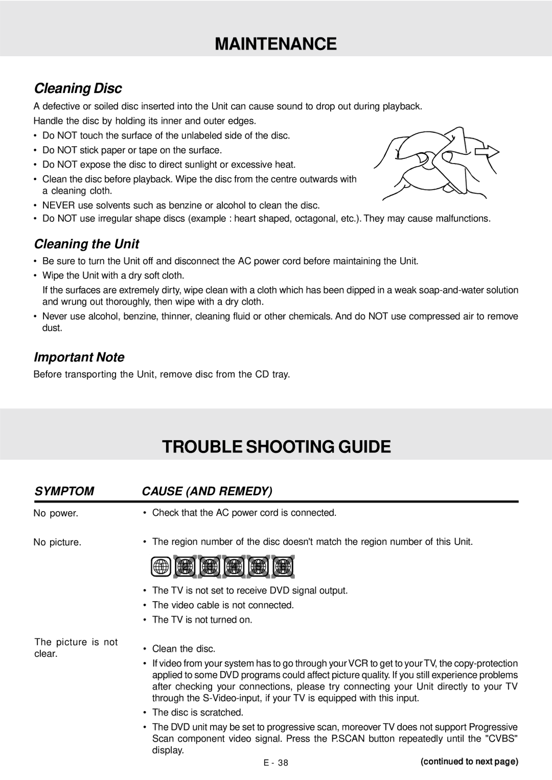 Dolby Laboratories DVD Micro Theater System Maintenance, Trouble Shooting Guide, Cleaning Disc, Cleaning the Unit 