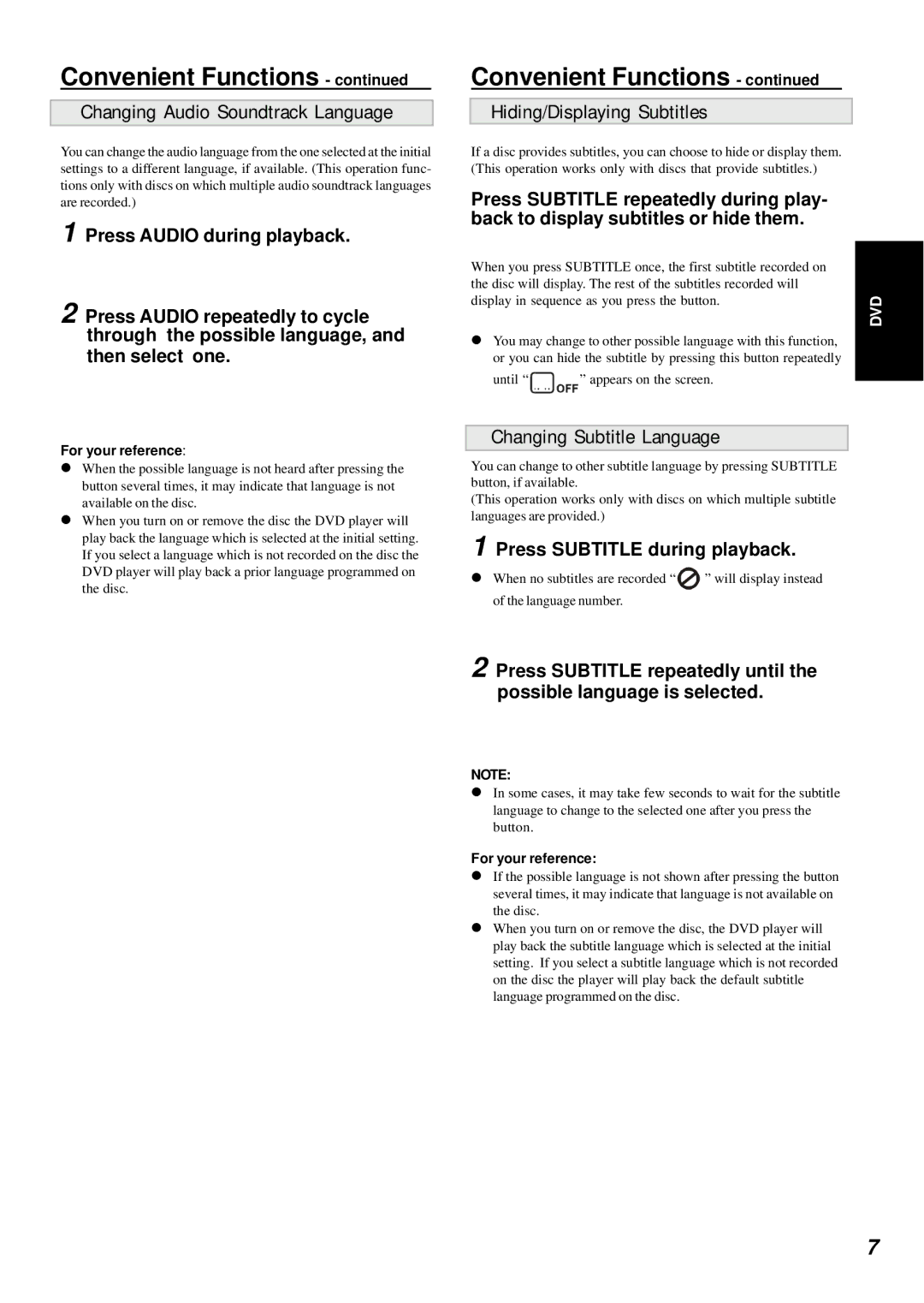 Dolby Laboratories DVD Player Changing Audio Soundtrack Language, Hiding/Displaying Subtitles, Changing Subtitle Language 