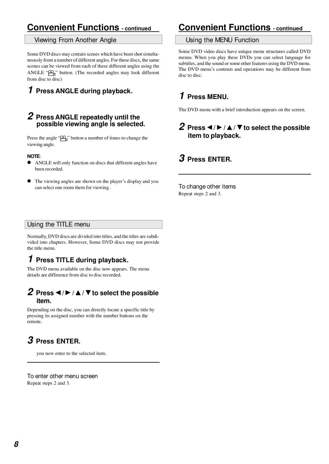 Dolby Laboratories DVD Player manual Viewing From Another Angle, Using the Title menu, Using the Menu Function 