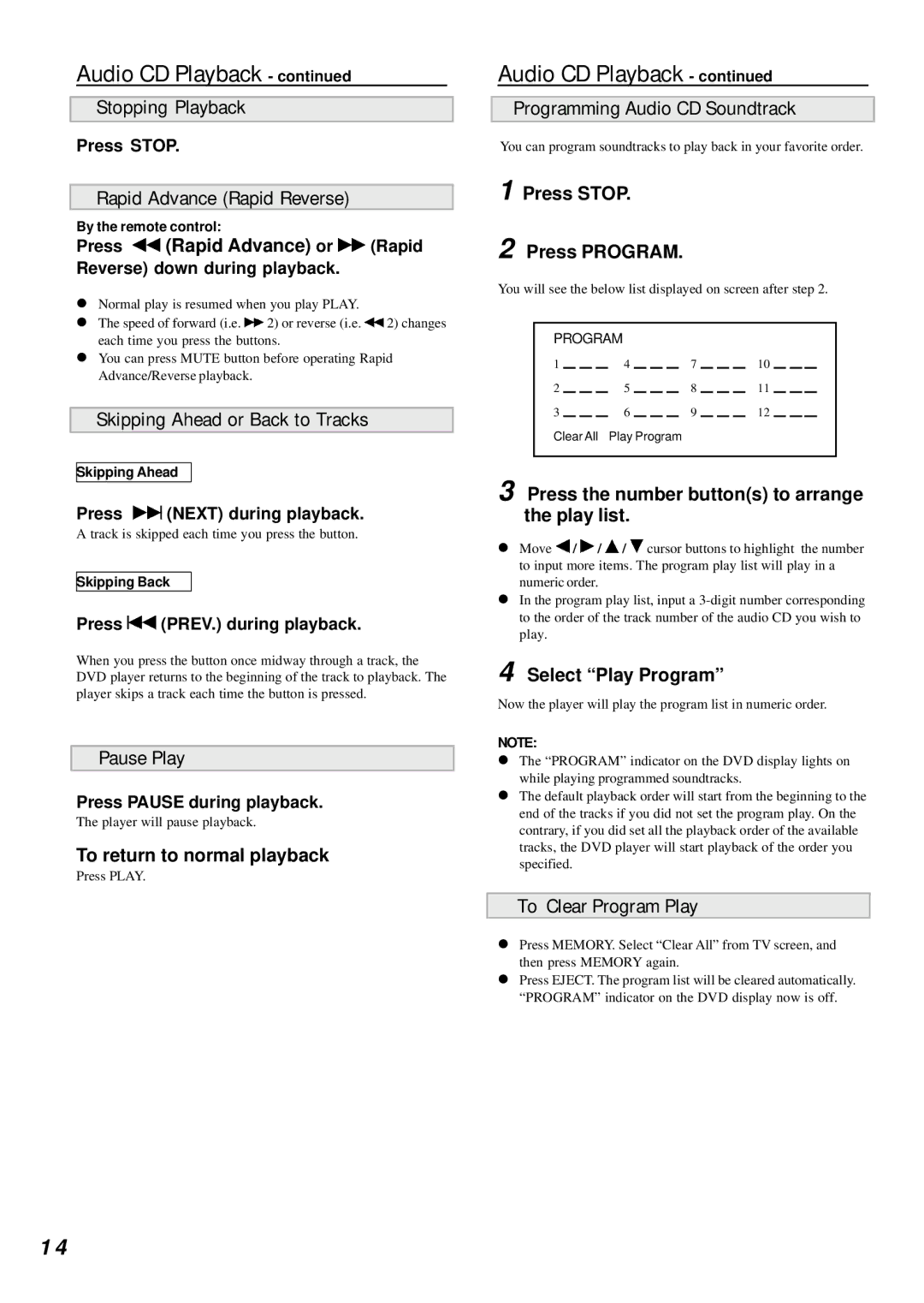 Dolby Laboratories DVD Player manual Programming Audio CD Soundtrack, To Clear Program Play, Press Stop Press Program 