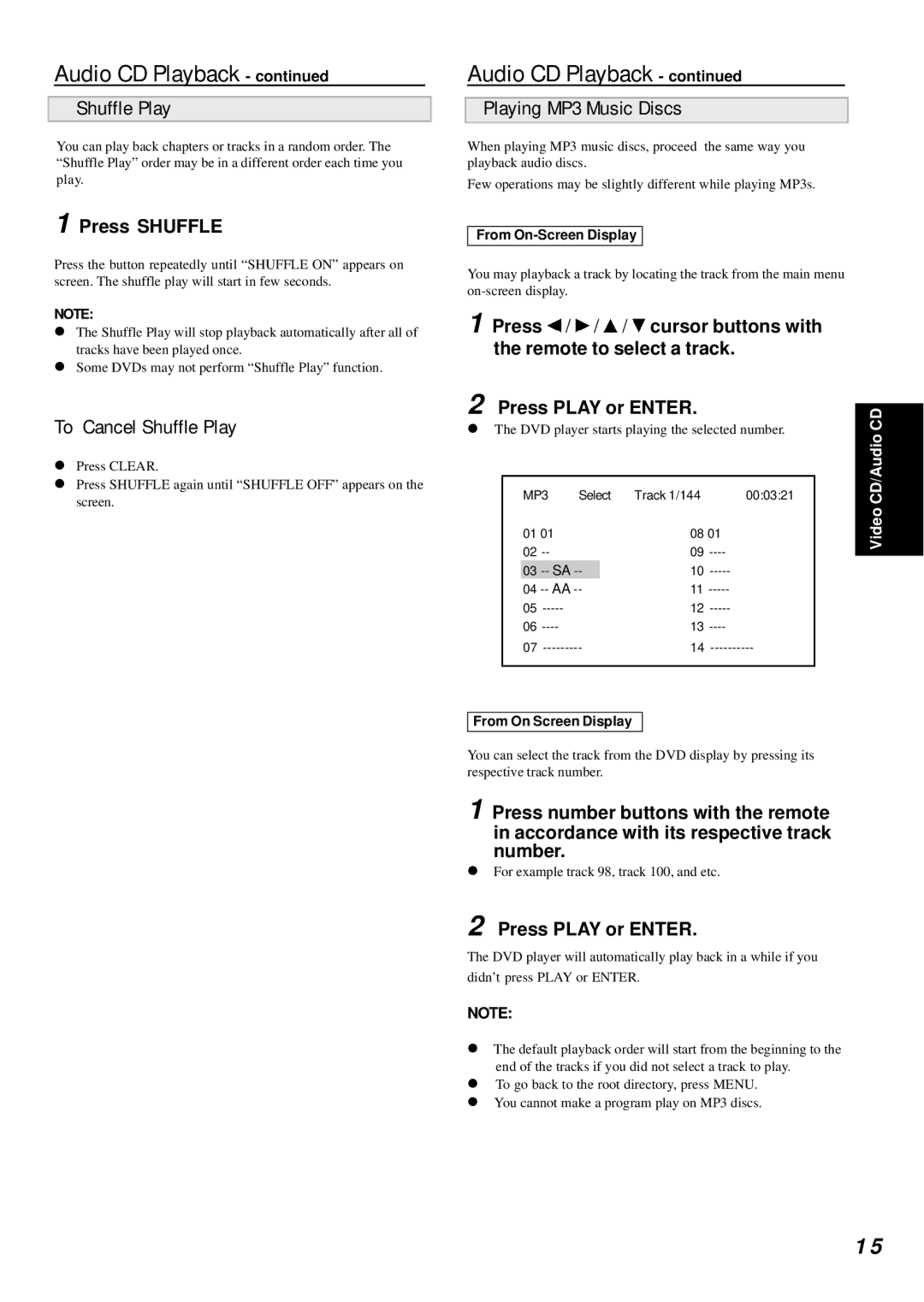 Dolby Laboratories DVD Player manual To Cancel Shuffle Play, Playing MP3 Music Discs, Press Shuffle 