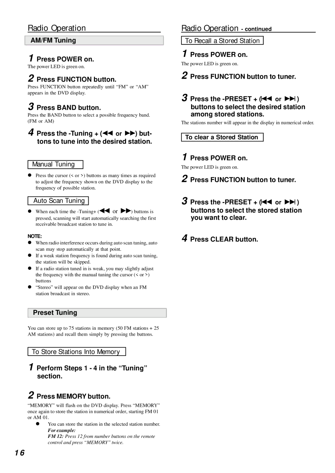 Dolby Laboratories DVD Player manual Radio Operation, Manual Tuning, Auto Scan Tuning, To Store Stations Into Memory 