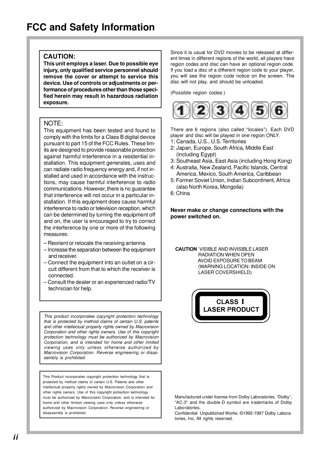 Dolby Laboratories DVD Player FCC and Safety Information, Never make or change connections with the power switched on 