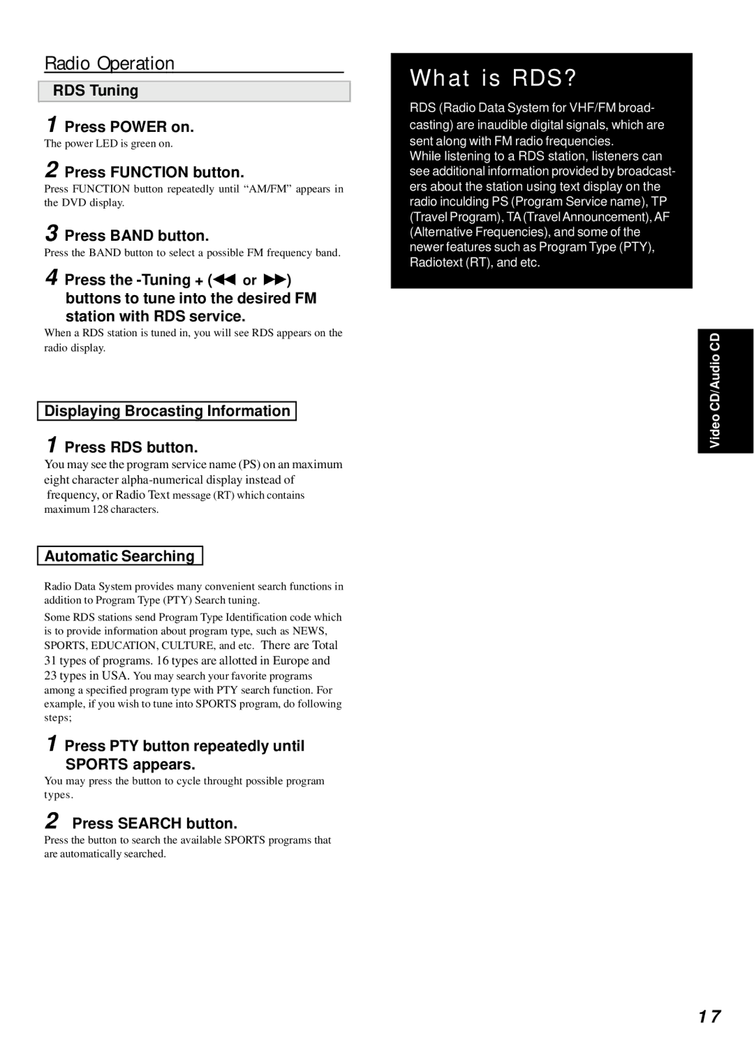 Dolby Laboratories DVD Player manual RDS Tuning Press Power on, Displaying Brocasting Information Press RDS button 