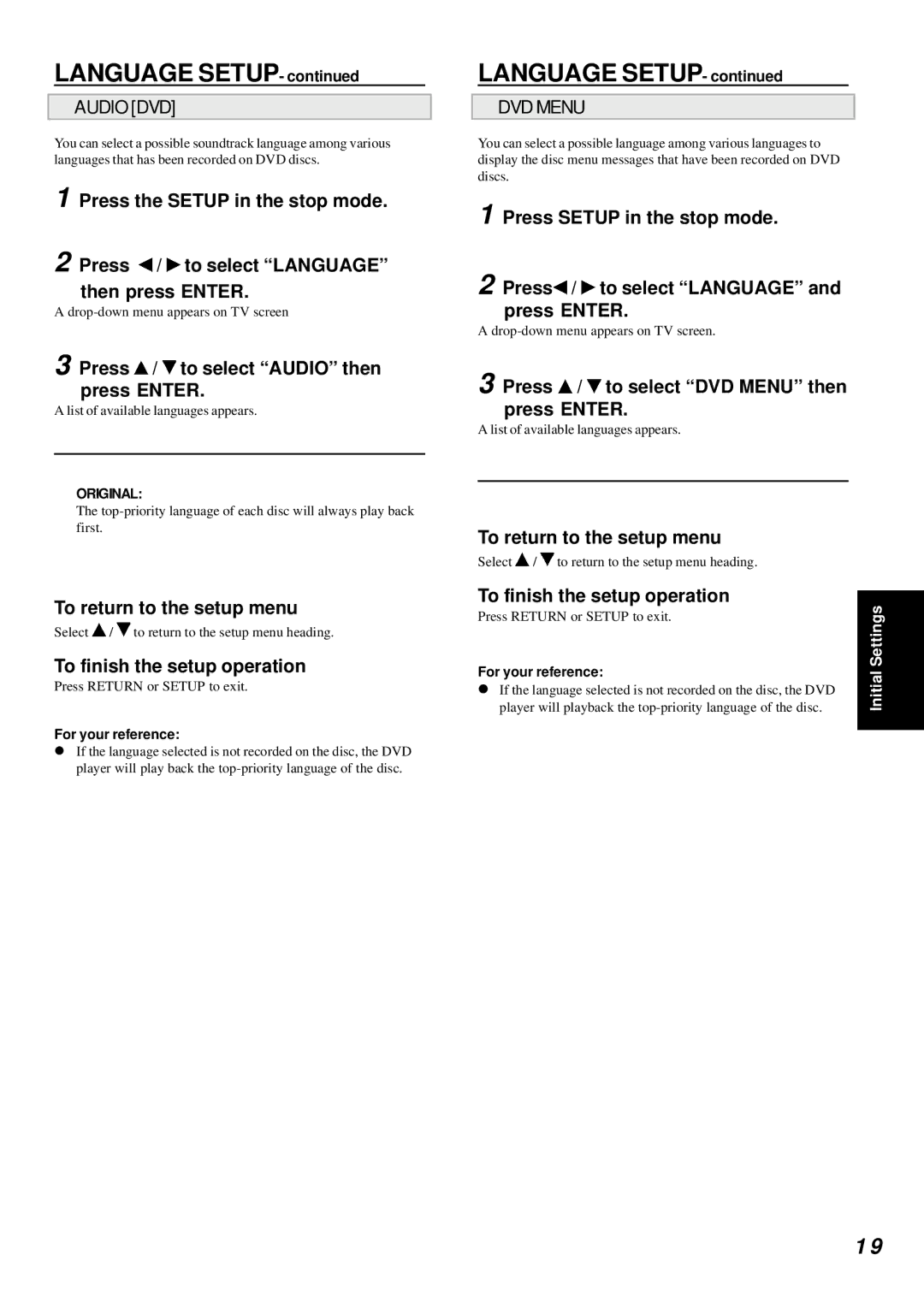 Dolby Laboratories DVD Player manual Press / to select Audio then press Enter, To return to the setup menu 