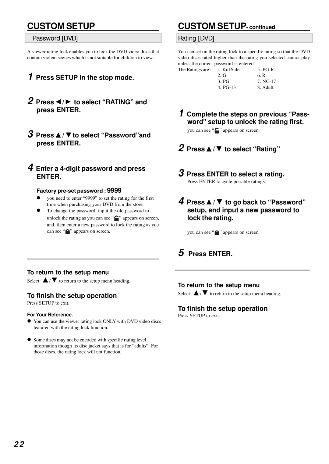 Dolby Laboratories DVD Player manual Custom Setup, Password DVD, Rating DVD, Factory pre-set password 