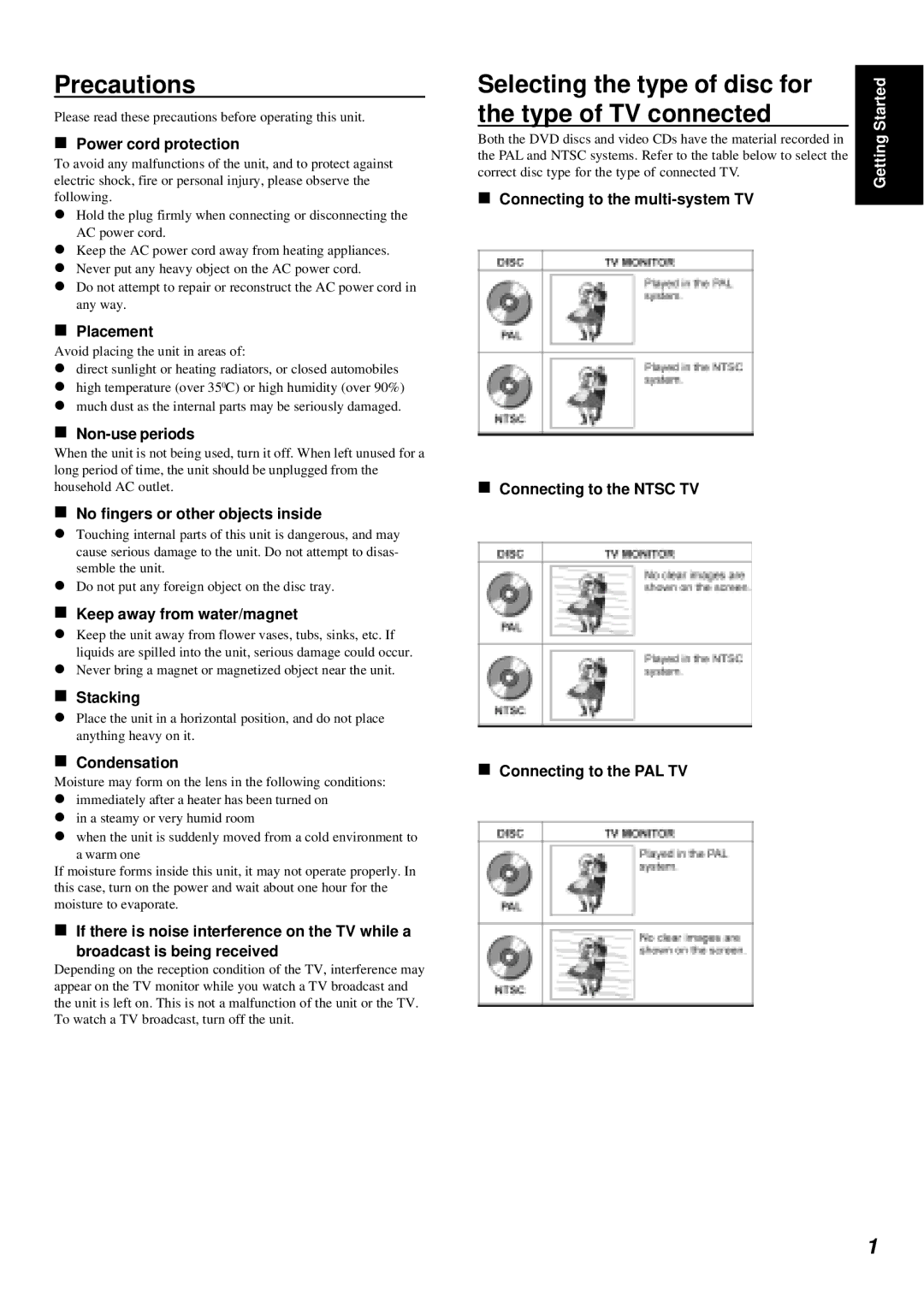 Dolby Laboratories DVD Player manual Precautions, Selecting the type of disc for the type of TV connected 