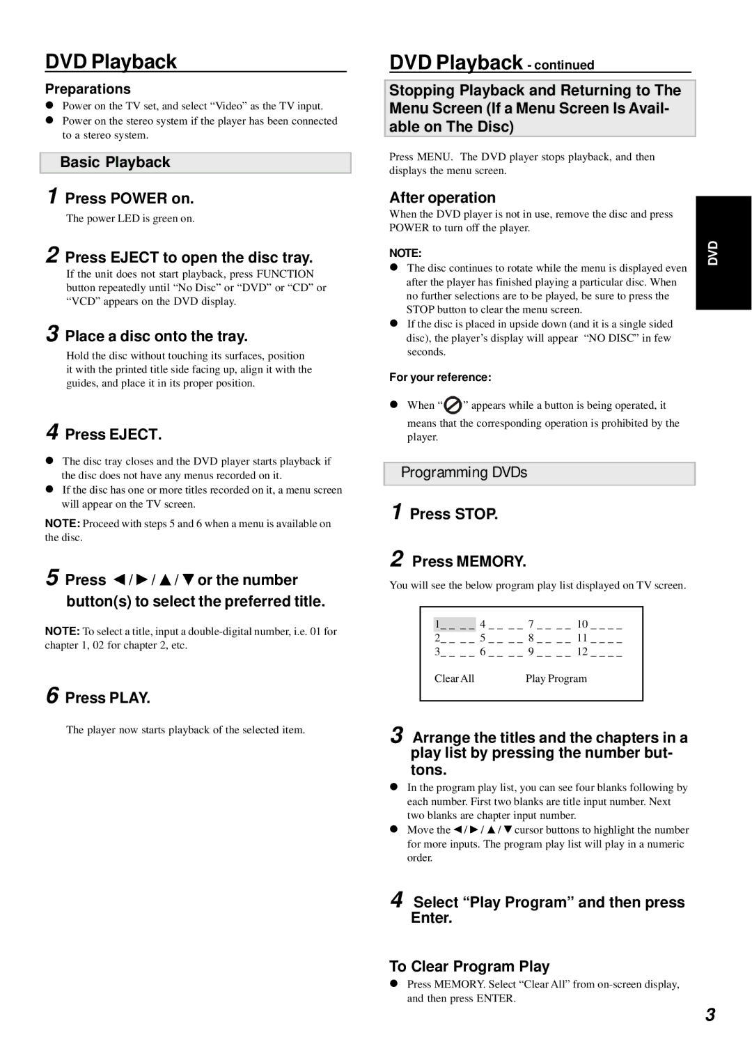 Dolby Laboratories DVD Player manual DVD Playback, Programming DVDs 