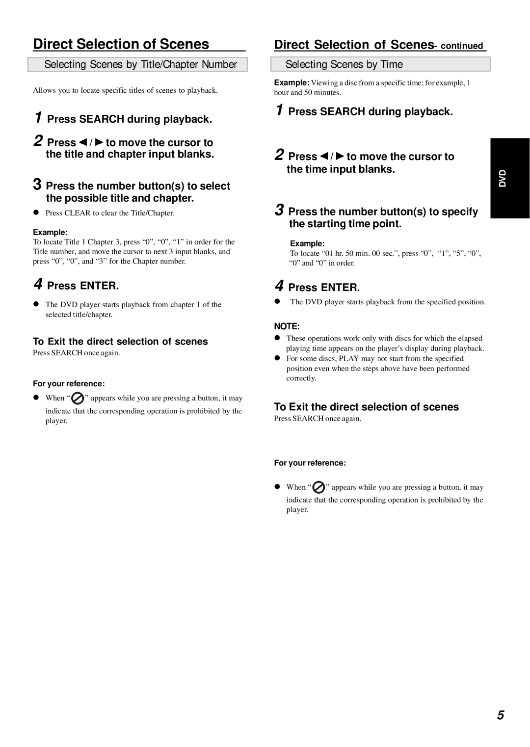 Dolby Laboratories DVD Player manual Direct Selection of Scenes, Selecting Scenes by Title/Chapter Number 