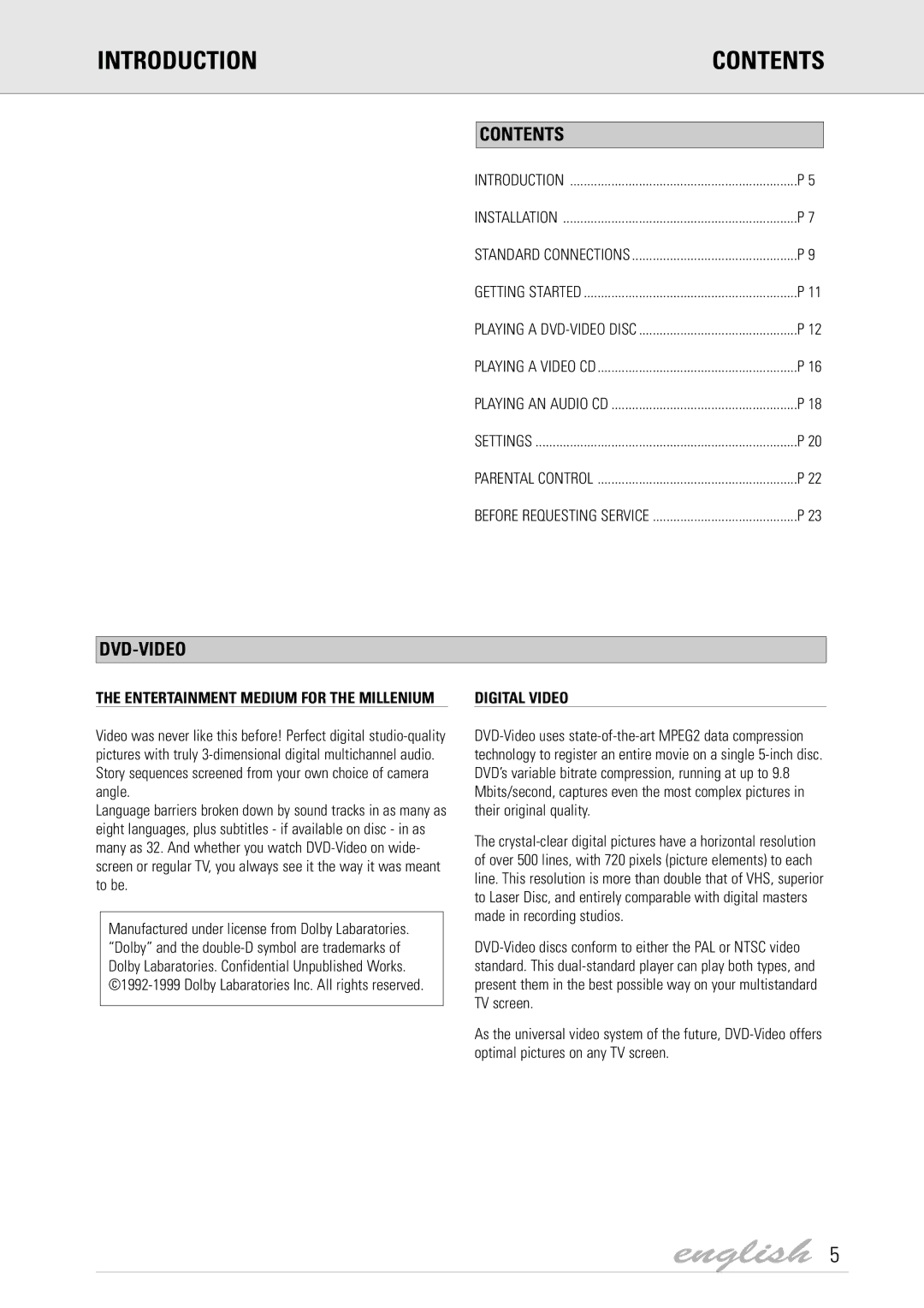 Dolby Laboratories DVD Video manual English, Introduction Contents 