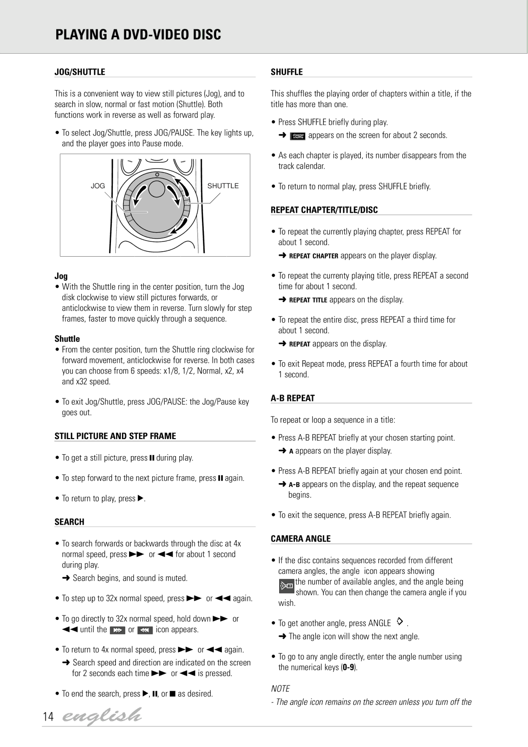 Dolby Laboratories DVD Video manual Jog/Shuttle, Still Picture and Step Frame, Search, Shuffle, Repeat CHAPTER/TITLE/DISC 