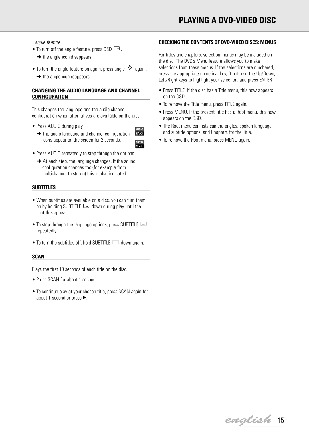 Dolby Laboratories DVD Video manual Changing the Audio Language and Channel Configuration, Subtitles, Scan 