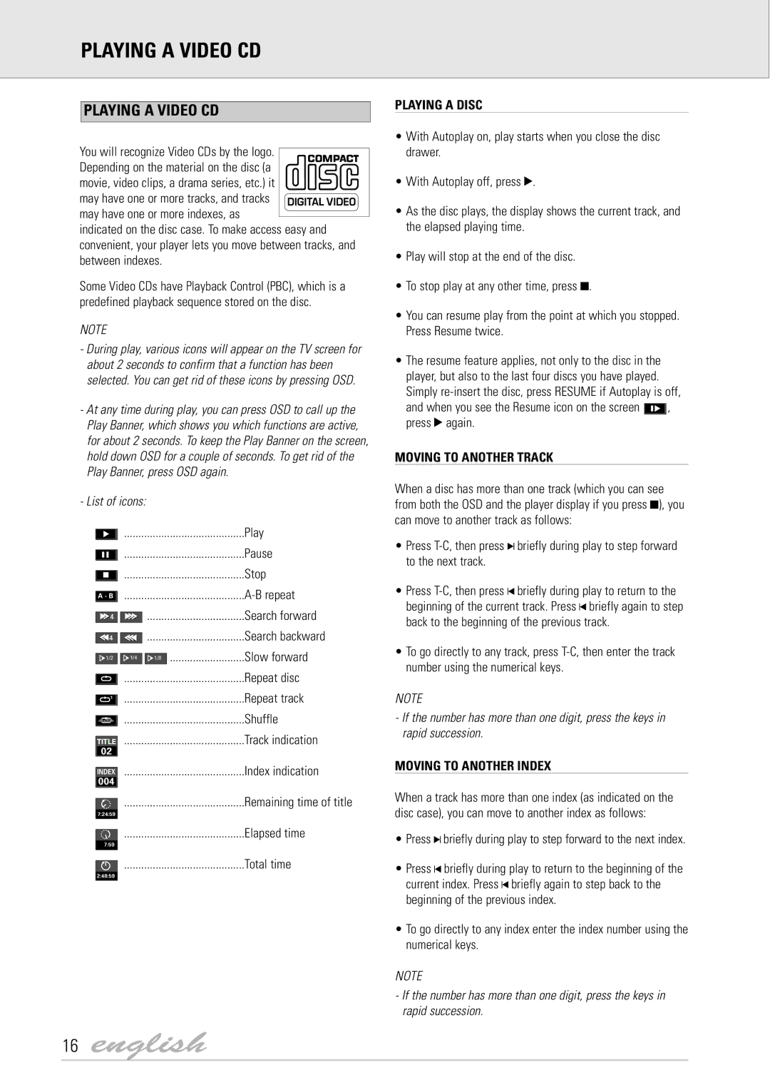 Dolby Laboratories DVD Video manual Playing a Video CD, Playing a Disc, Moving to Another Track, Moving to Another Index 