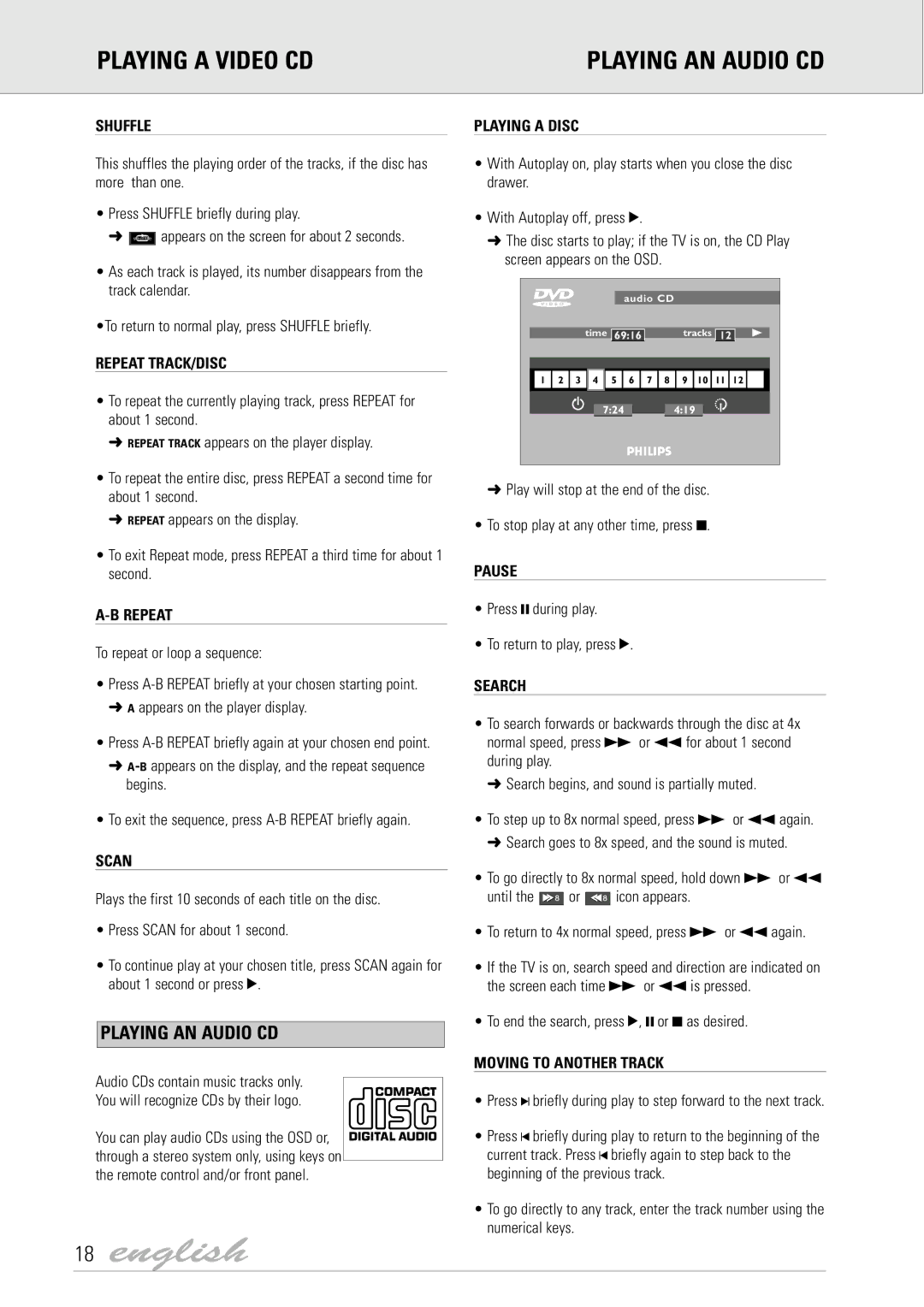 Dolby Laboratories DVD Video manual Playing a Video CD Playing AN Audio CD, Repeat TRACK/DISC, Pause 