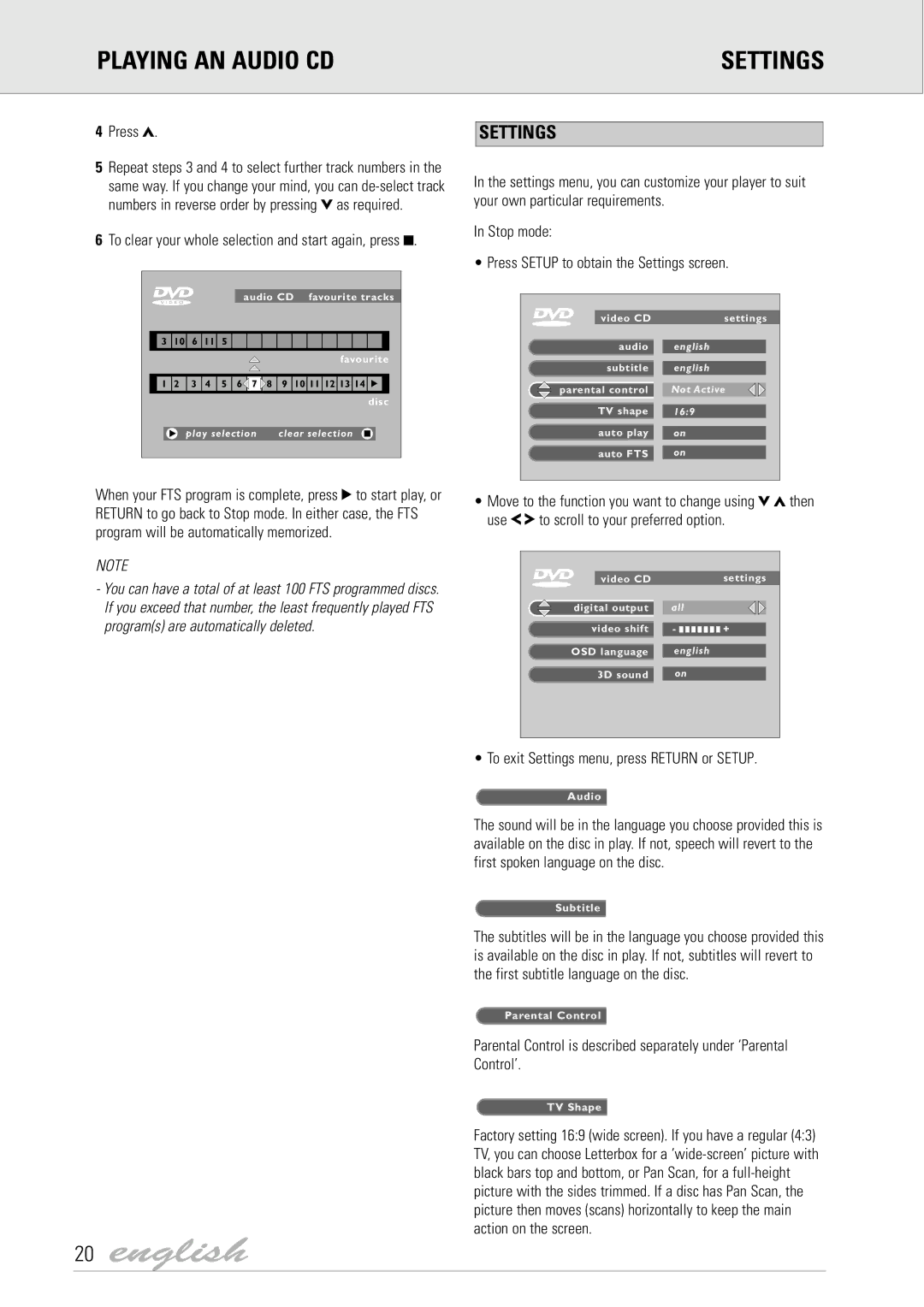 Dolby Laboratories DVD Video manual Playing AN Audio CD Settings, Press b, To exit Settings menu, press Return or Setup 