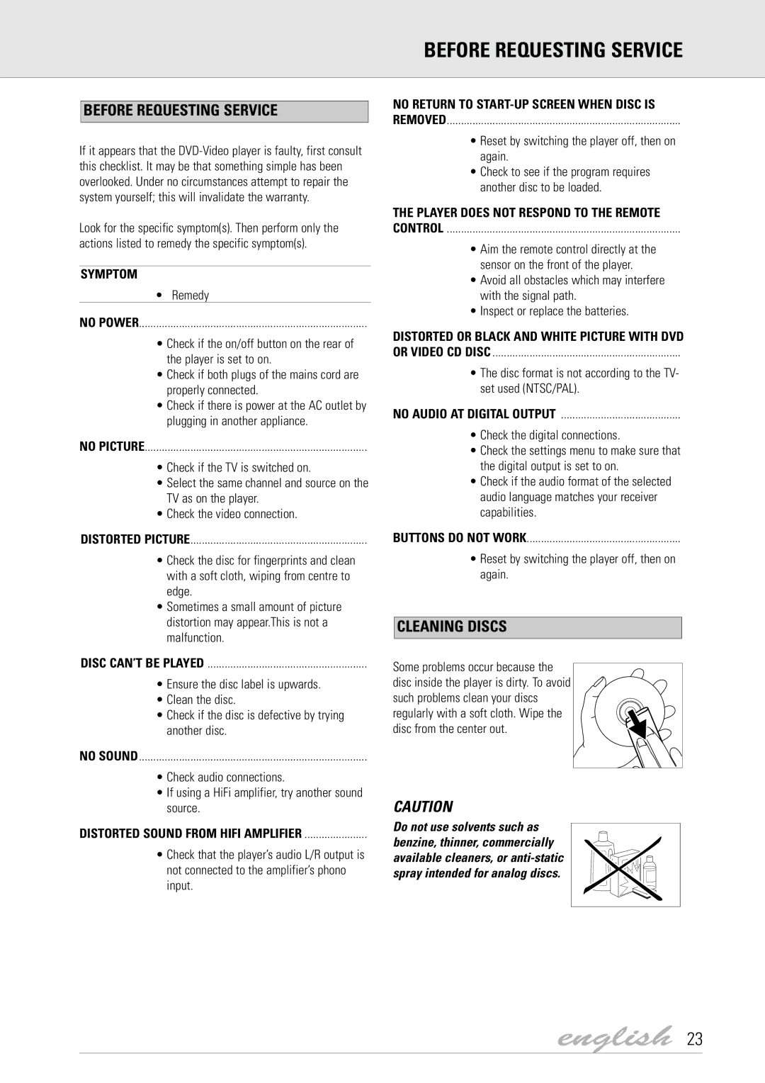 Dolby Laboratories DVD Video manual Before Requesting Service, Cleaning Discs 