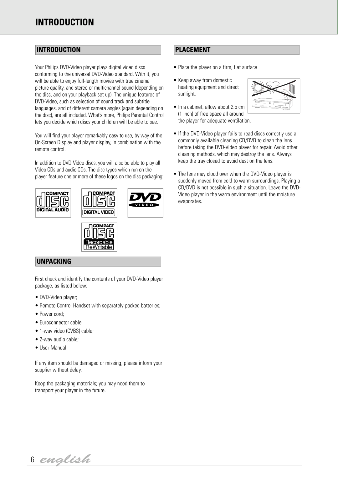 Dolby Laboratories DVD Video manual Introduction Placement, Unpacking, Player for adequate ventilation 