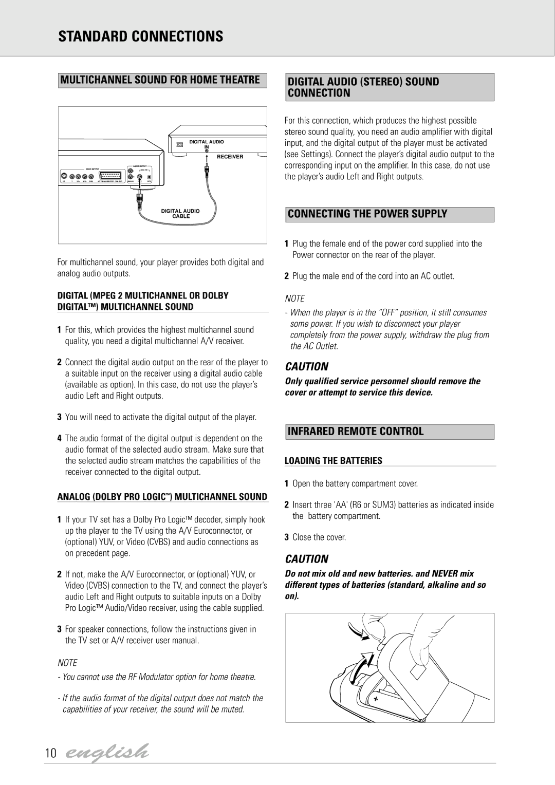 Dolby Laboratories DVD Video Digital Audio Stereo Sound Connection, Connecting the Power Supply, Infrared Remote Control 