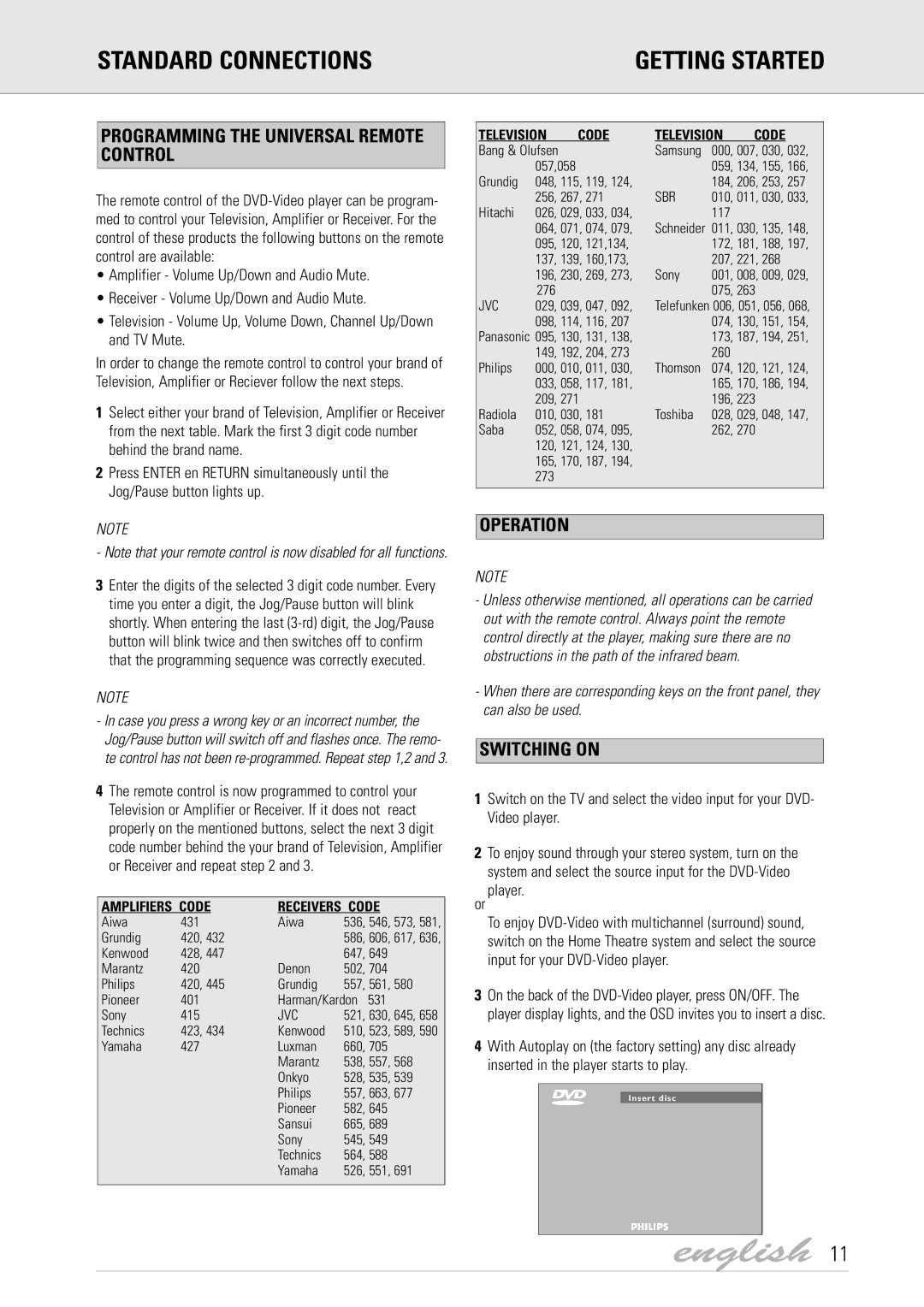 Dolby Laboratories DVD Video Standard Connections Getting Started, Programming the Universal Remote Control, Operation 