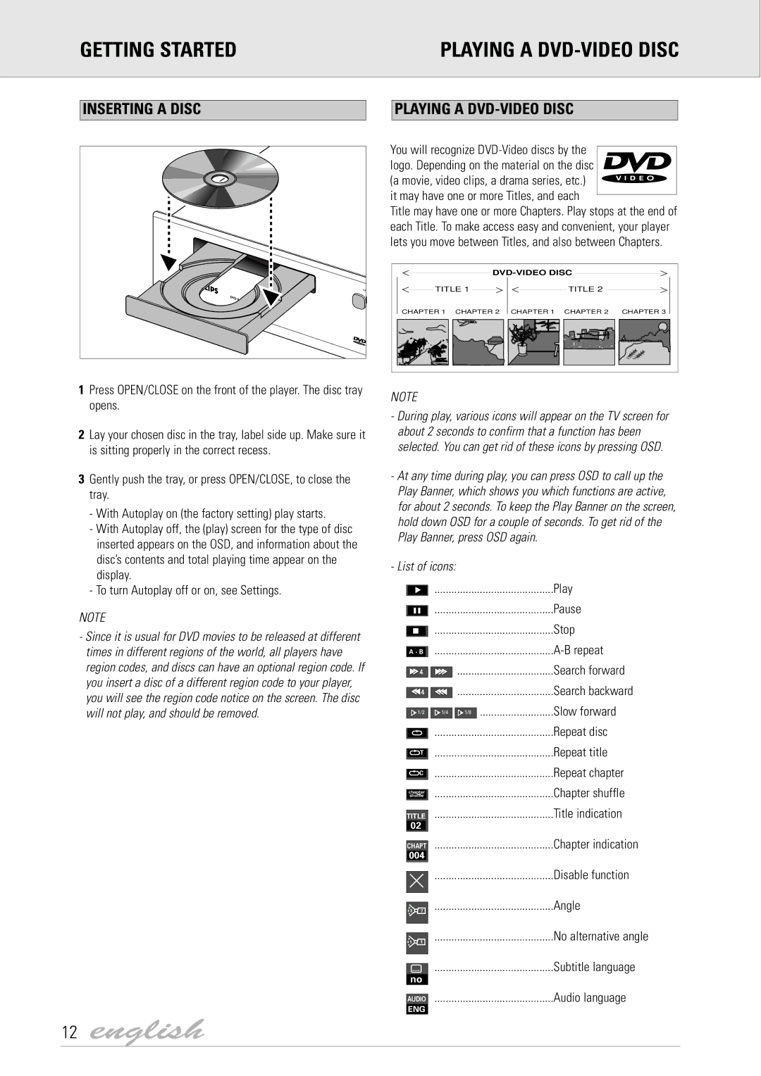 Dolby Laboratories DVD Video manual Getting Started Playing a DVD-VIDEO Disc, Inserting a Disc Playing a DVD-VIDEO Disc 