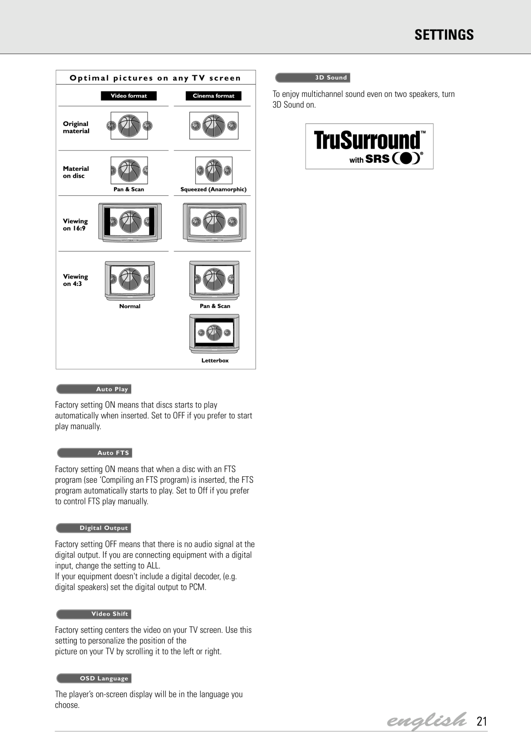 Dolby Laboratories DVD Video manual english, Settings, To enjoy multichannel sound even on two speakers, turn 3D Sound on 