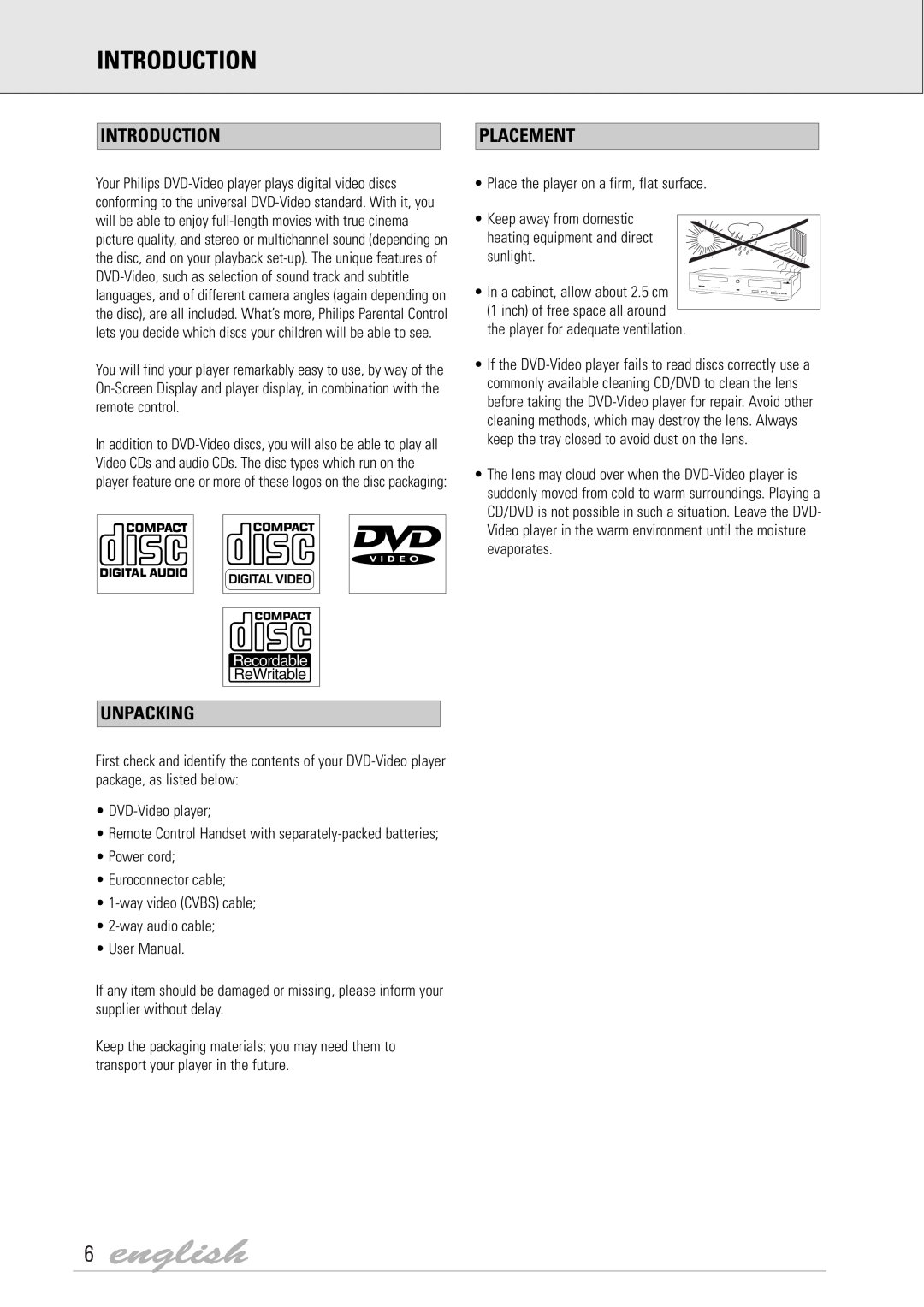 Dolby Laboratories DVD Video manual english, Introduction, Placement, Unpacking 